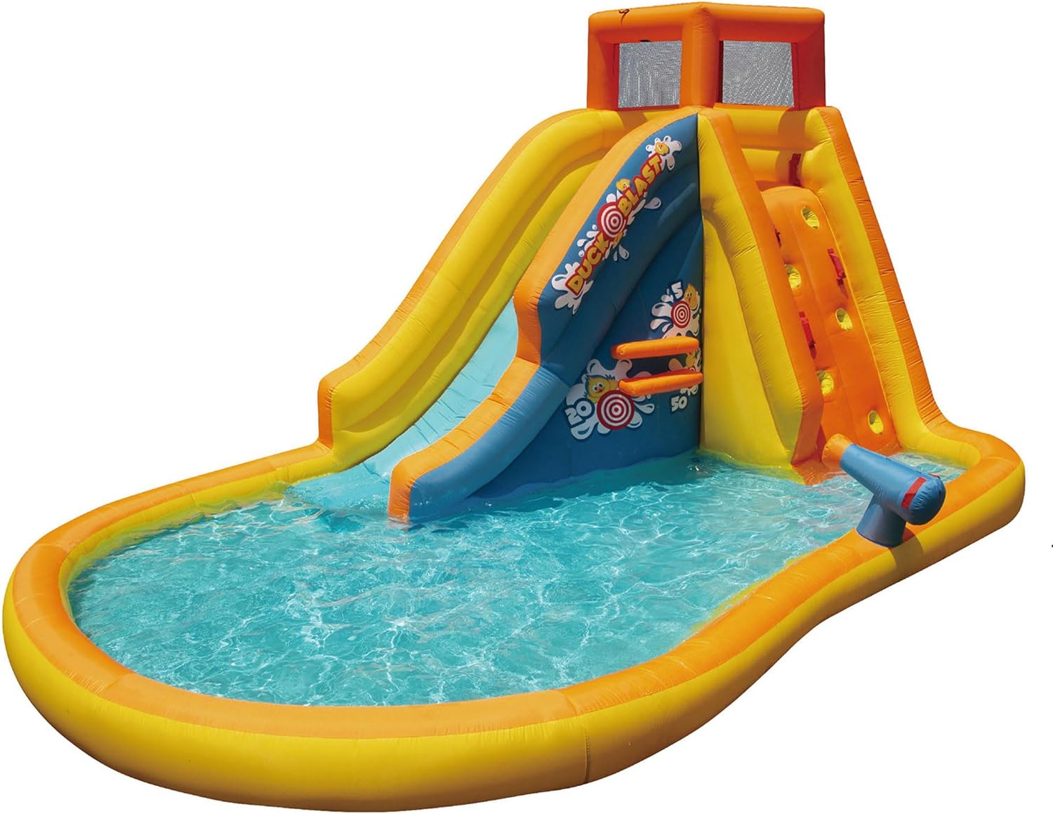 Banzai Duck Blast 14.4' L x 9.5' W x 8' H Inflatable Water Park with Waterslide and Water Cannon