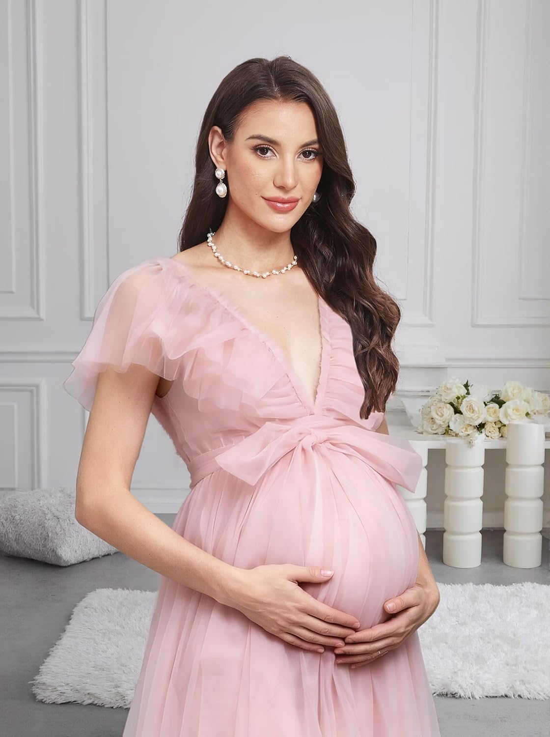 Women’s Tulle Maternity Dresses for Photoshoot Ruffles Short Sleeve Long Baby Shower Dress with Bow