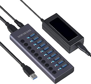 10 Port USB 3.0 Hub, 60W USB Hub with Individual LED On/Off Switches, 33.5inch Long Cable & 12V / 5A Power Adapter, Fast Data Transfer USB Splitter for Mac, PC, Laptop, Camera (US Plug)