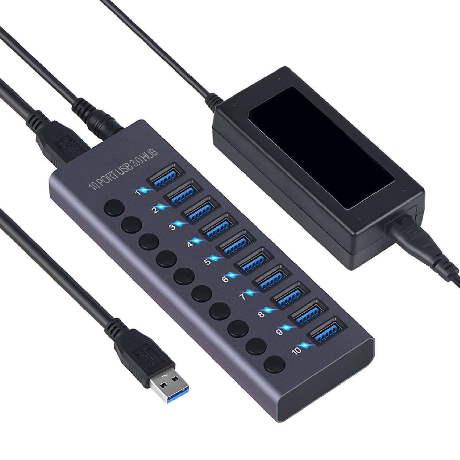 Concentrador USB 3.0 de 10 Puertos y 60 W con Interruptores de Alimentación Individuales y LED Incluidos, Adaptador de Alimentación de 60 W, 12 V, 5 A, Divisor USB para Win, para (Enchufe de la UE)
