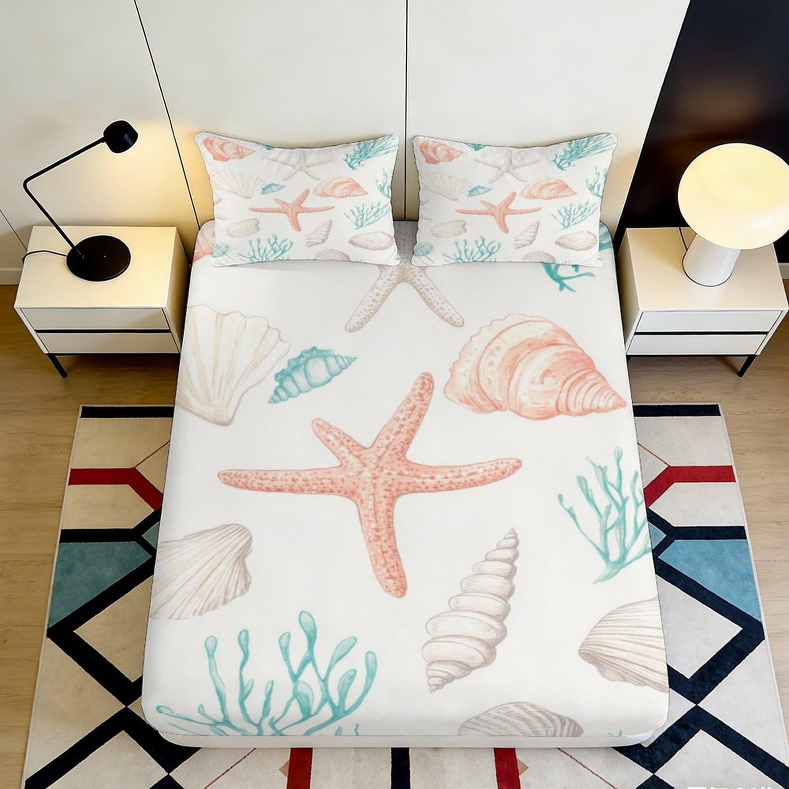 Pnayamiorkfel Style-2 3D Printed Sea Shell Starfish Fitted Sheet Microfiber Soft Mattress Cover Ocean Coral Bed Decor For Bedroom Guest Room 90X200x25cm