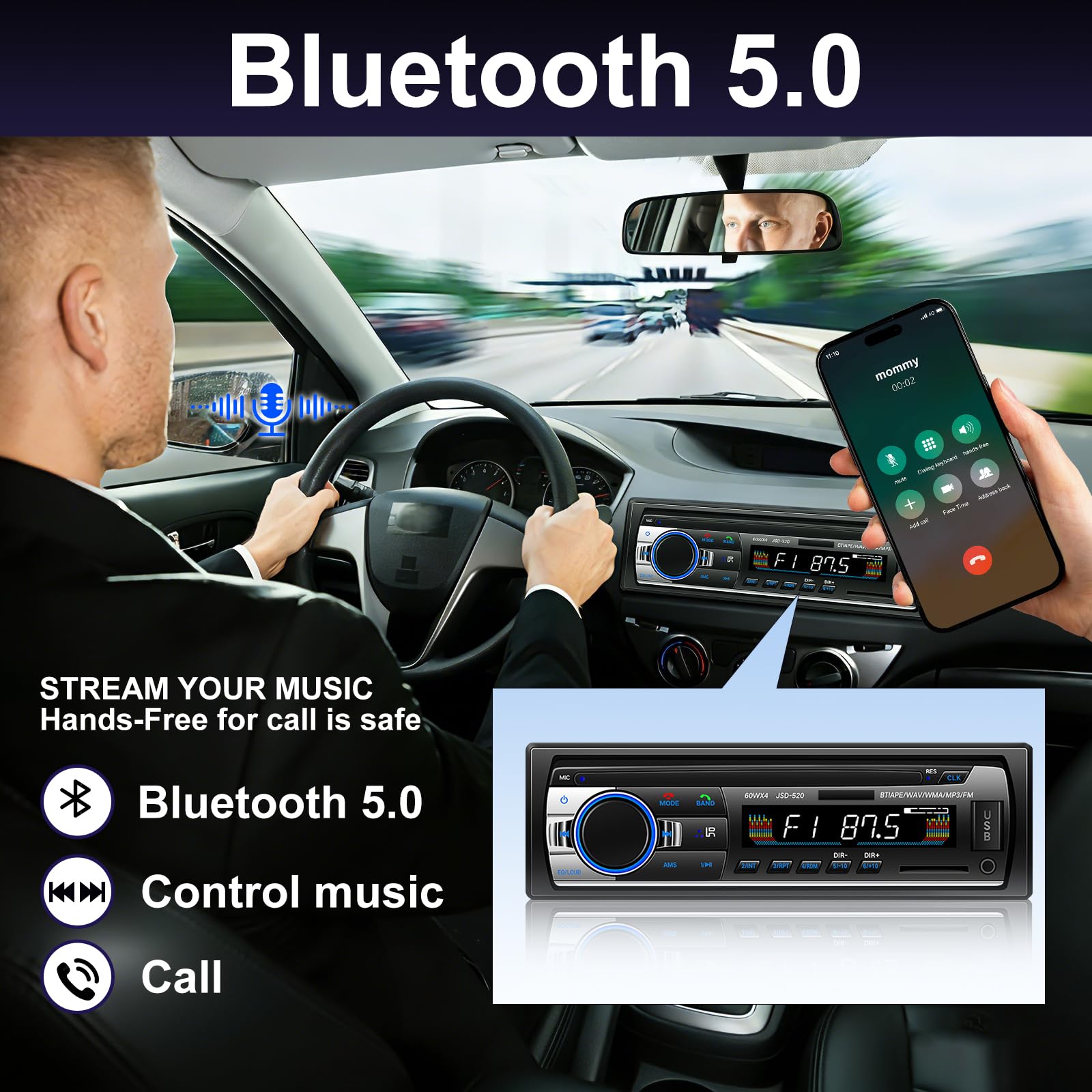 Souvik Radio samochodowe Bluetooth 5.0, radio samochodowe z zestawem głośnomówiącym, z odtwarzaczem USB/AUX/TF/EQ/MP3, z zegarem/pilotem, ekranem LED, szybkie ładowanie, 5 efektów dźwiękowych
