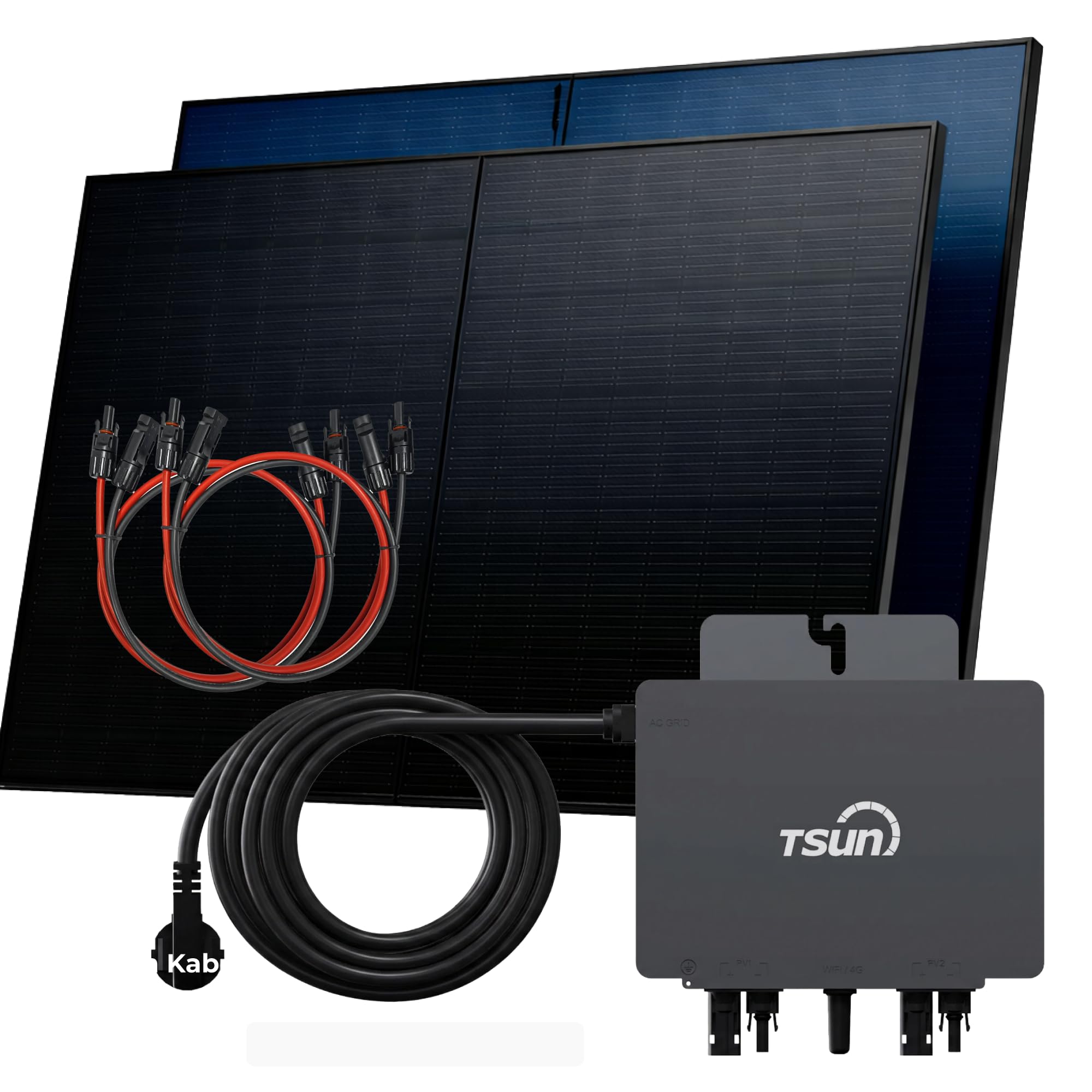 SUNNIVA® 1000W Balkonkraftwerk BIFAZIAL FULLBLACK komplett Steckdose TSUN 800 Watt Wechselrichter, Solaranlage Komplettset, 2x 500W N-Type Glas Bifacial Solarmodule, 5m Kabel & 4x 1m Solarkabel
