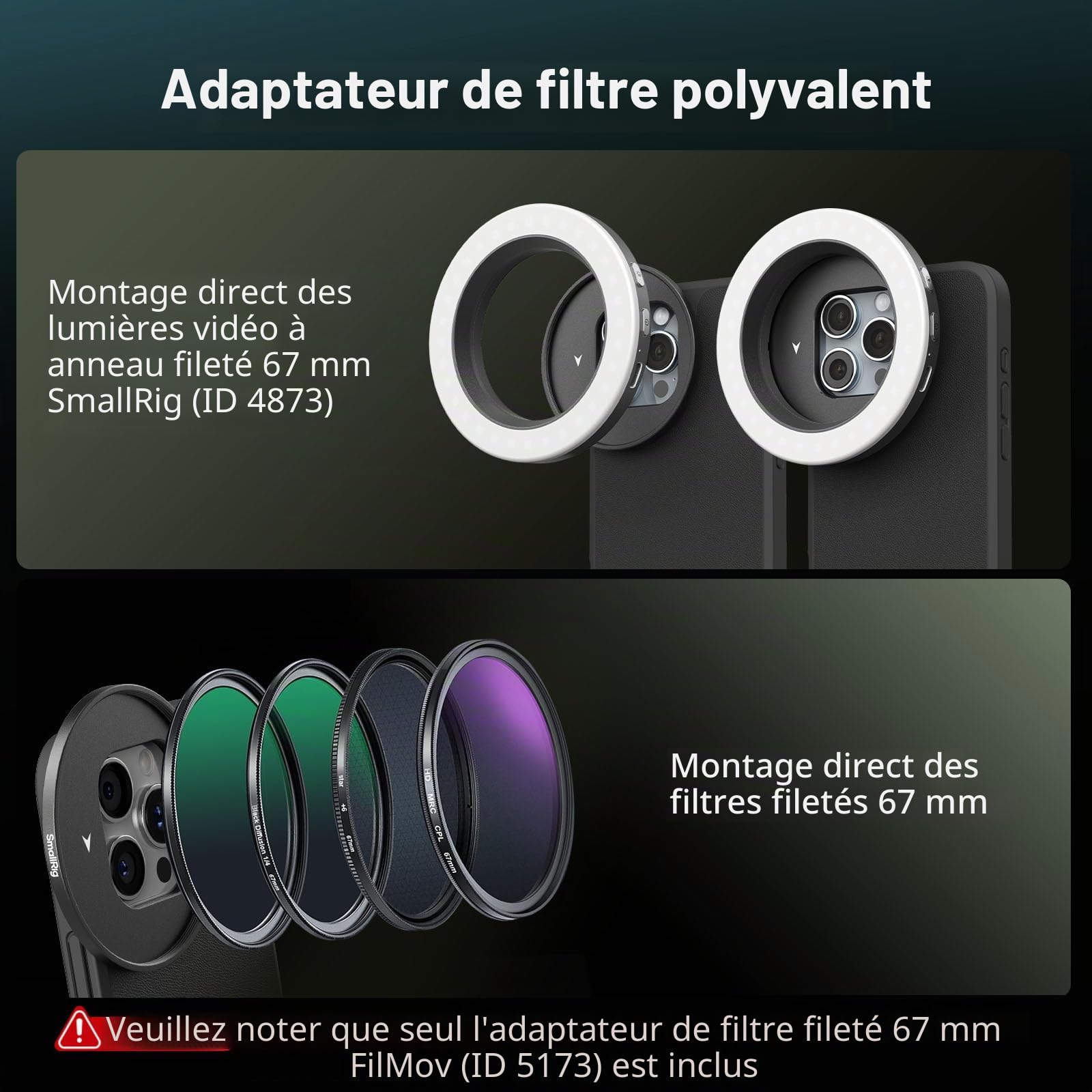 SMALLRIG Adaptateur de Filtre Fileté FilMov 67 mm pour Coque de Téléphone SMALLRIG (pour iPhone 16 séries 4987/4988), Compatible avec Les Filtres 67 mm et Les Eclairages Vidéo LED (4873)-5173