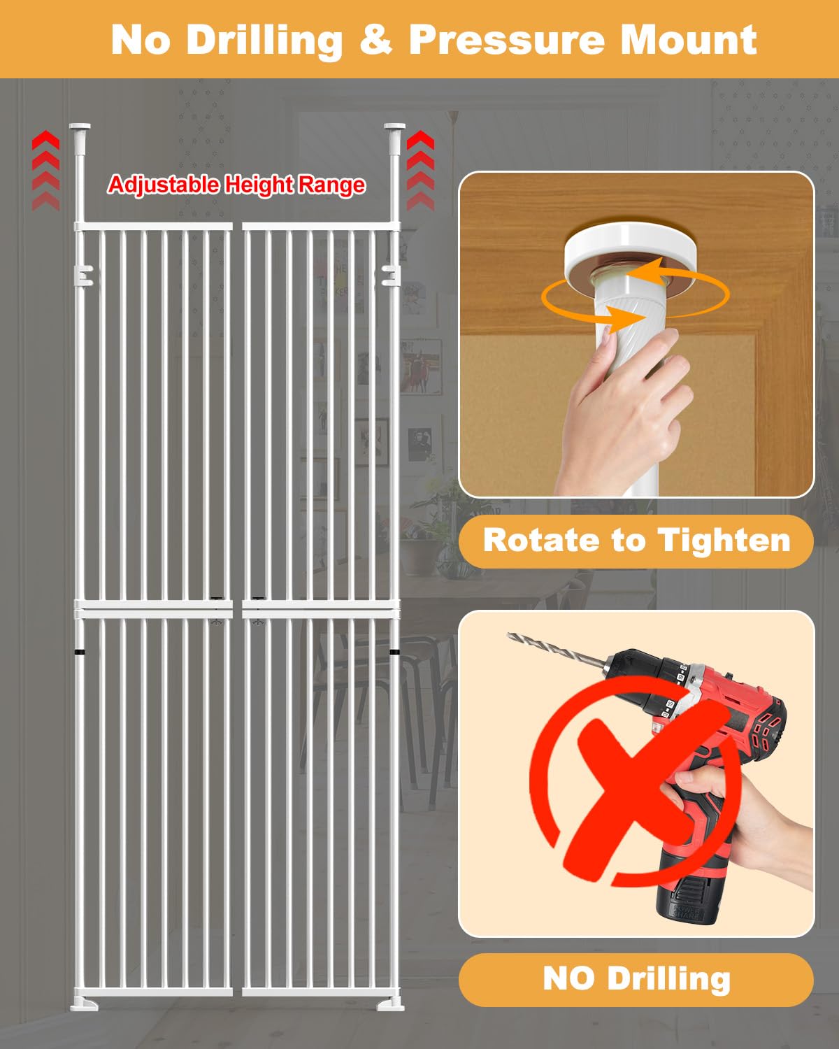 Rejilla para gatos extra alta de 180 cm para puertas sin escalar, puerta de doble acción para 65 – 72 cm de ancho, sin taladrar, espacio de rejilla de 3,17 cm, rejilla para mascotas, puerta de pasillo