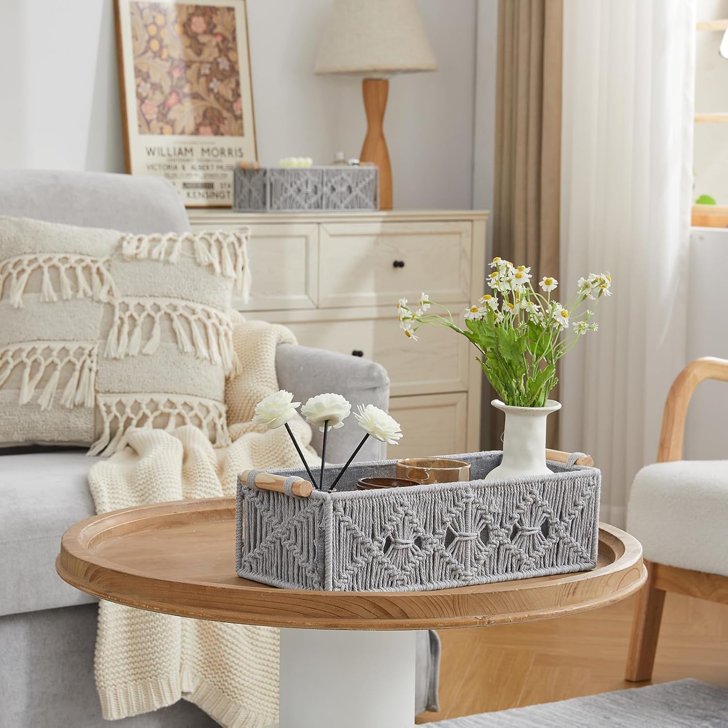 JOLINE Macrame Storage Baskets Boho Decor Box Handmade Woven Decorative Countertop Toilet Tank Shelf Cabinet Organizer for Bedroom Livingroom Home Set of 2 (Grey)