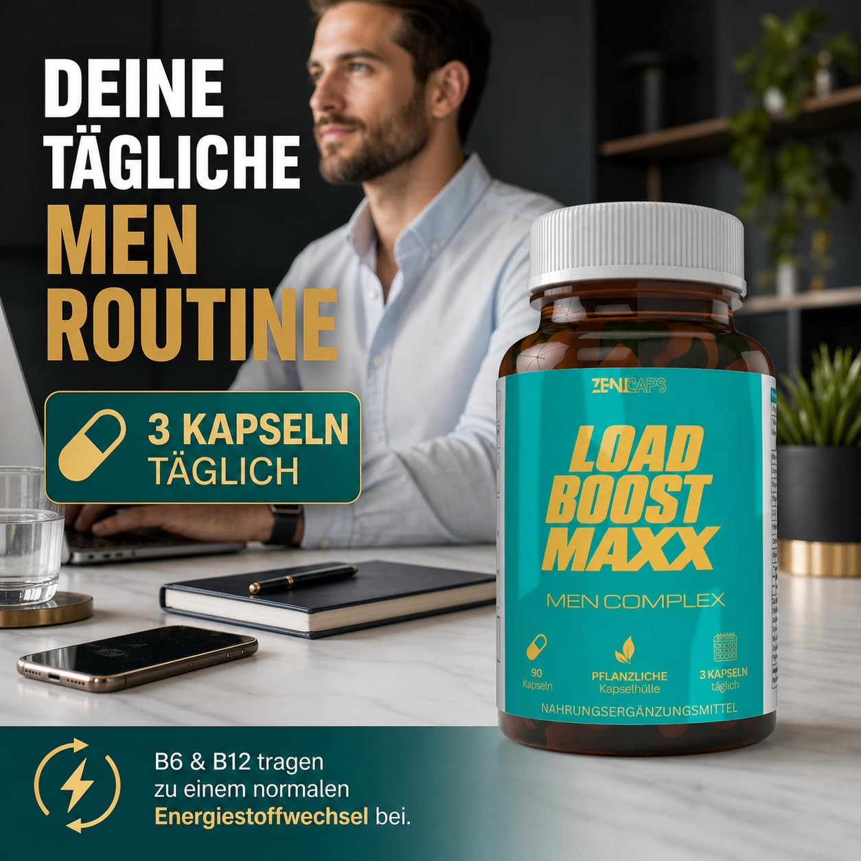 Load Boost Maxx Men Complex Kapseln – mit L-Arginin, Maca, Tribulus, Ashwagandha, Ginseng, Zink, Selen, Magnesium, B6 & B12 – 90 vegane Kapseln, 3 täglich