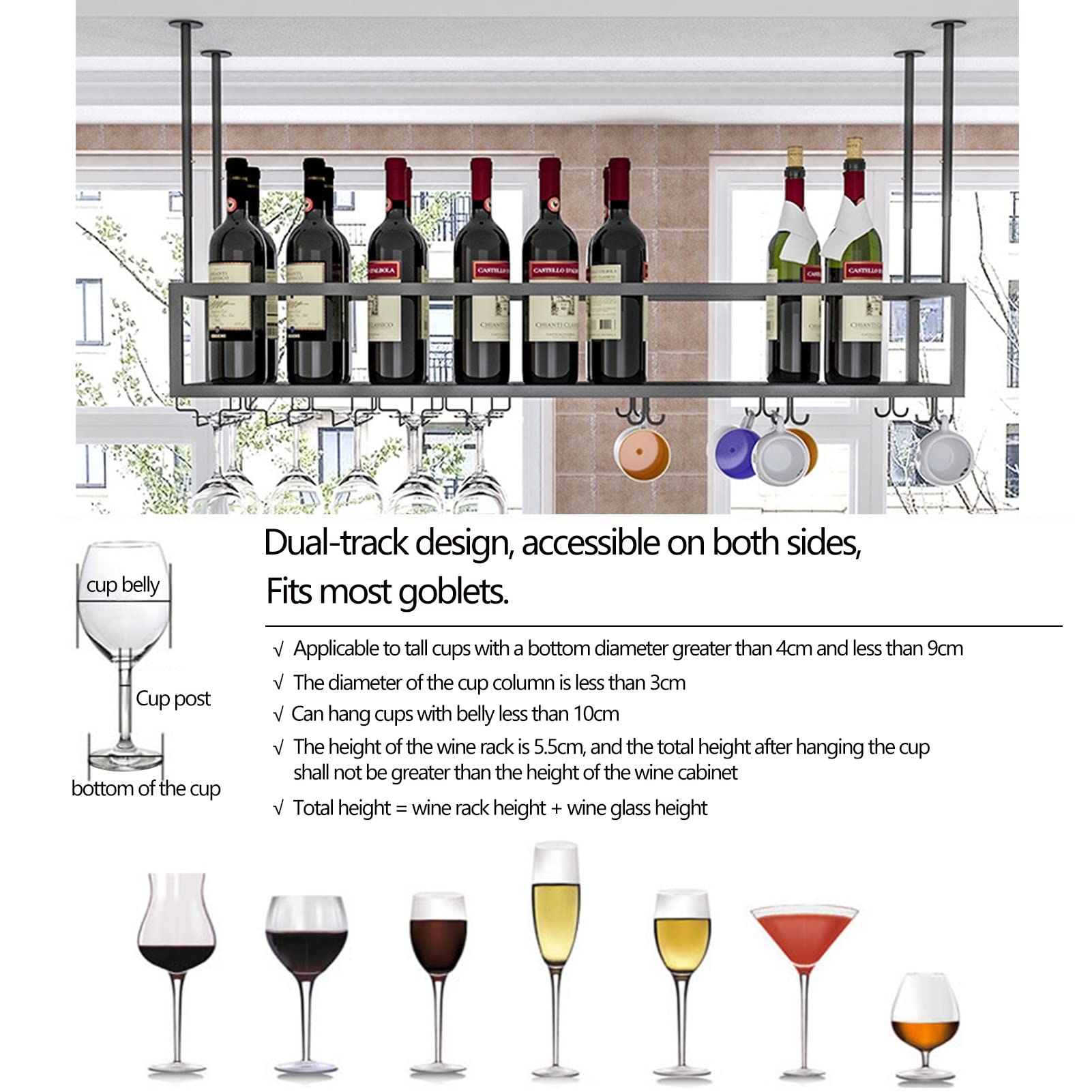 Botellero bajo Mueble - Soporte metálico para Copas y Copas de Vino, Color Negro, para Bares y cocinas (140 x 25 x 21 cm)