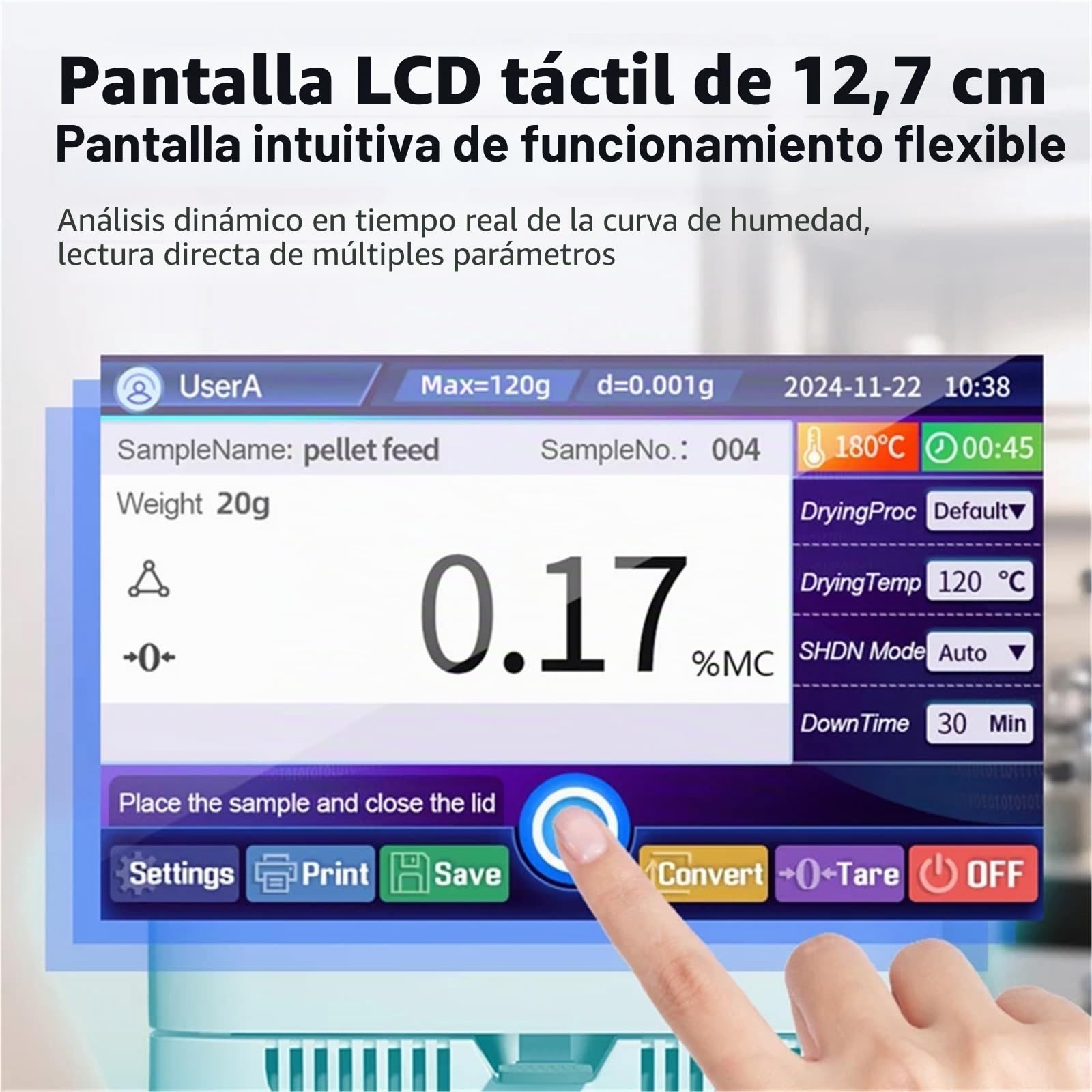 Medidor de humedad, Analizador De Humedad Halógeno De 120 G Con Pantalla Táctil De 5 Pulgadas Y Calentamiento De Partículas De Plástico For Alimentos Y Maíz.(120g 0.001g)