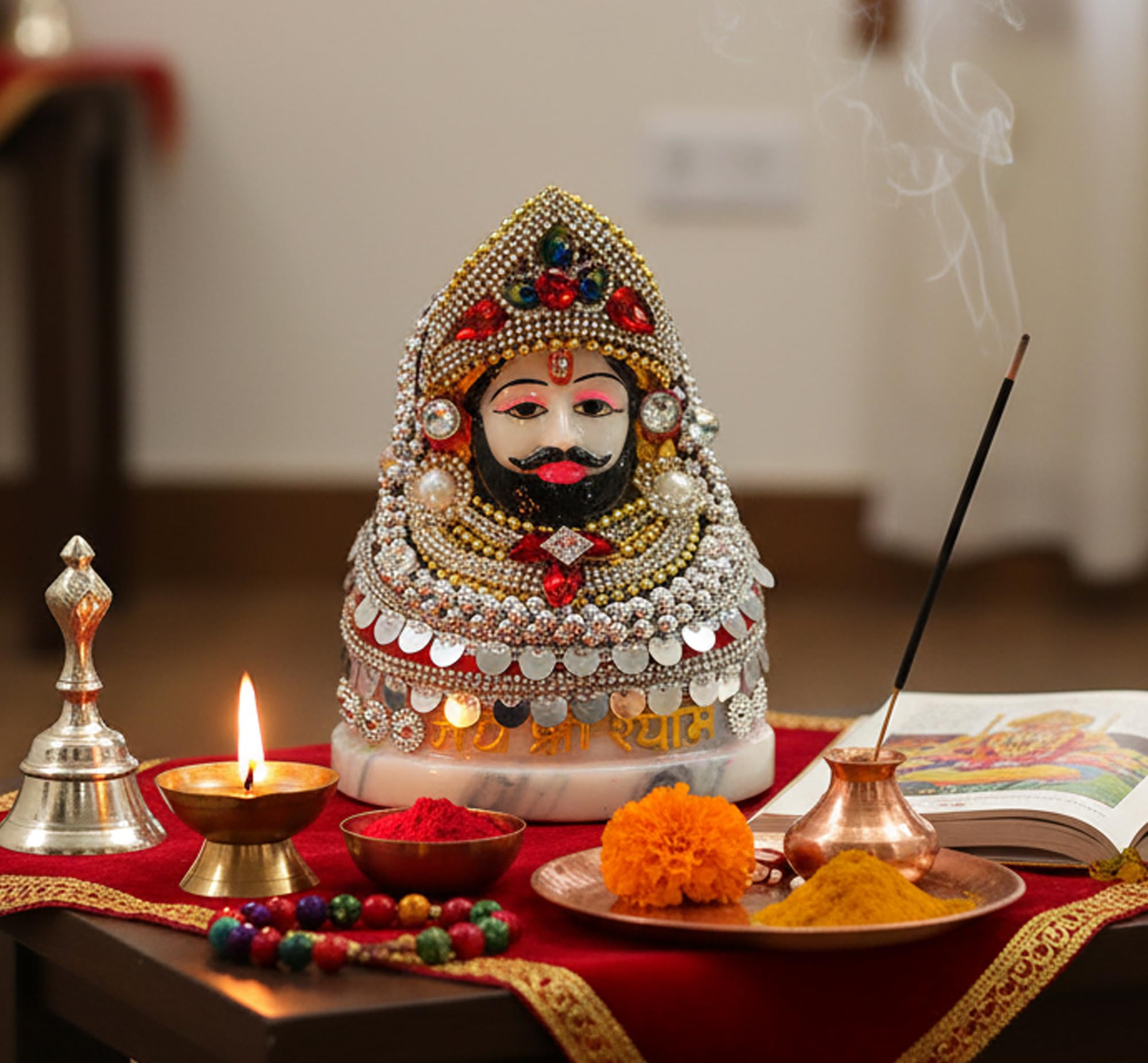 Esplanade White Resin Khatu Shyam Ji Statue - 11.5 Inches | Shyam Baba Idol For Home Temple | Pooja Idols | Home Decor ( Decorated)