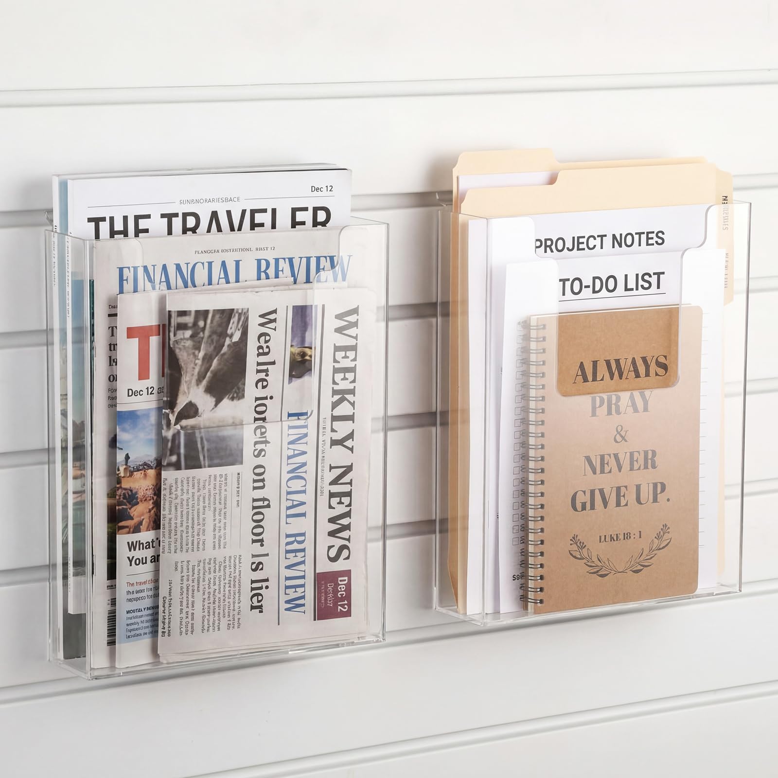 Photo 1 of Sliner 2 Pack Magazine Display for Slatwall, 8.5'w x 11'h x 2.5'd Clear Acrylic Magazine Pockets Slatwall Shelf Accessories for Literature Display Exhibitions Trade Shows, Retail Stores Home & Offices