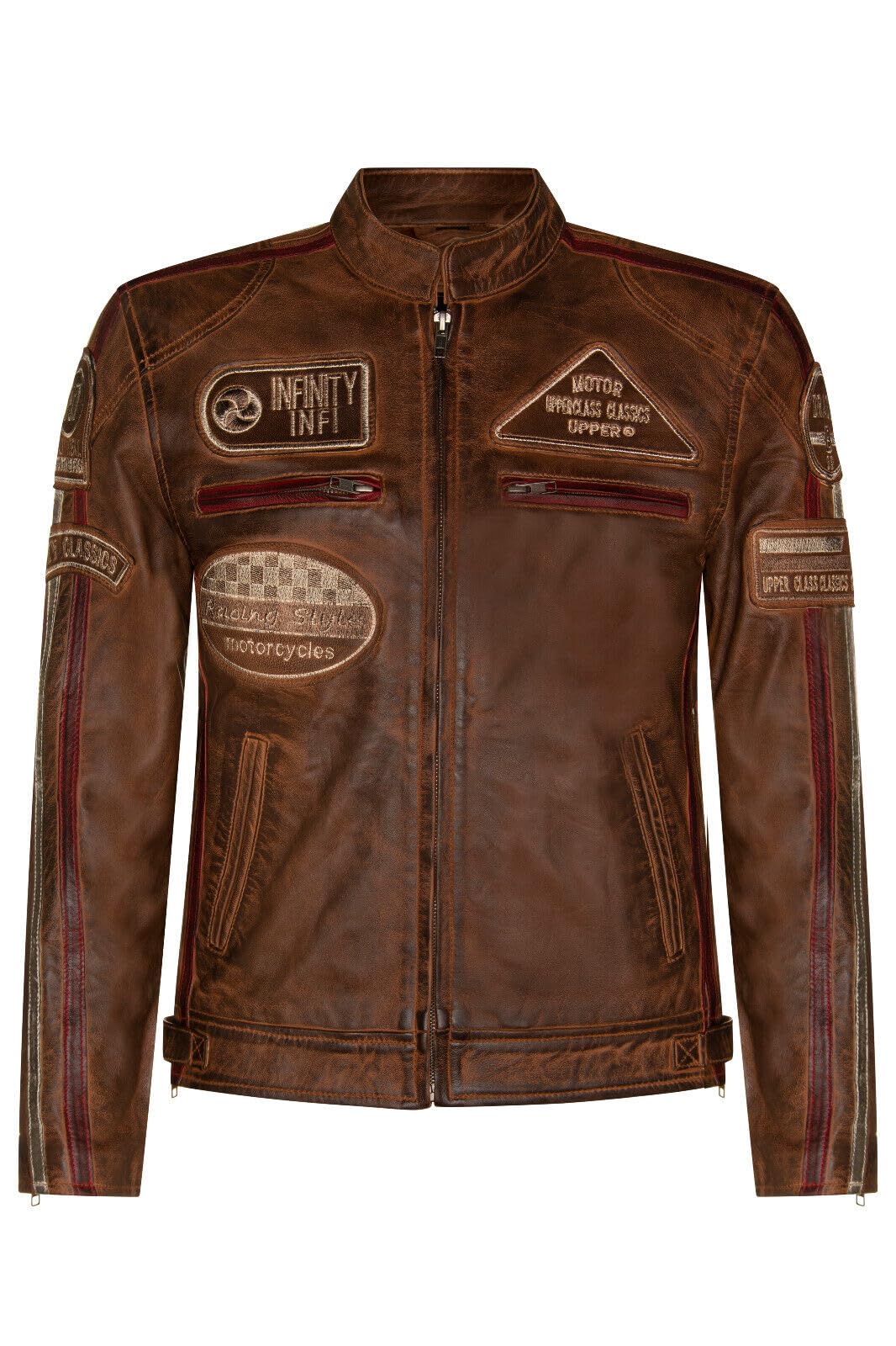 Mens Tan Leather Biker Badges Racing Moto Jacket XL