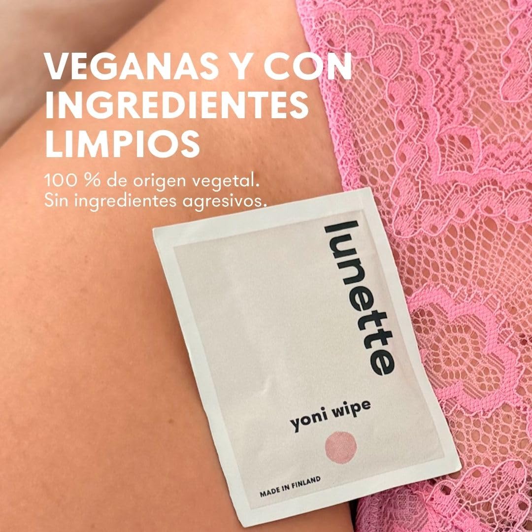 Lunette Toallitas Íntimas Yoni con pH Equilibrado, 20 uds | Para piel Sensible, Sin Perfume, Envueltas Individualmente, Veganas, Tamaño de Viaje, Compostables, Fabricadas en Finlandia