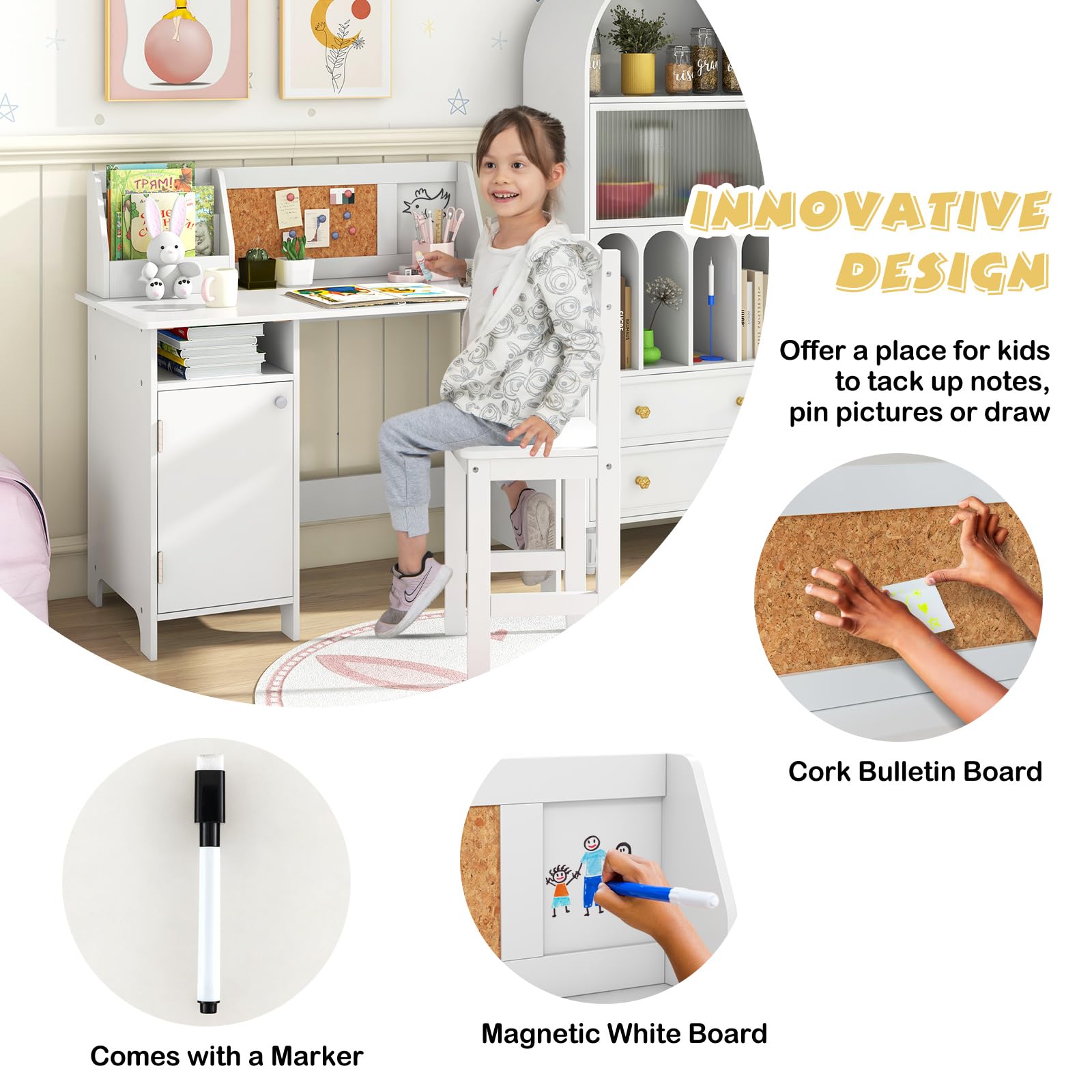 Set Scrivania E Sedia Bambini LIFEZEAL - In Legno Con Cassetto E Libreria - Per Cameretta 3-8 Anni - Bianco - Foto 2