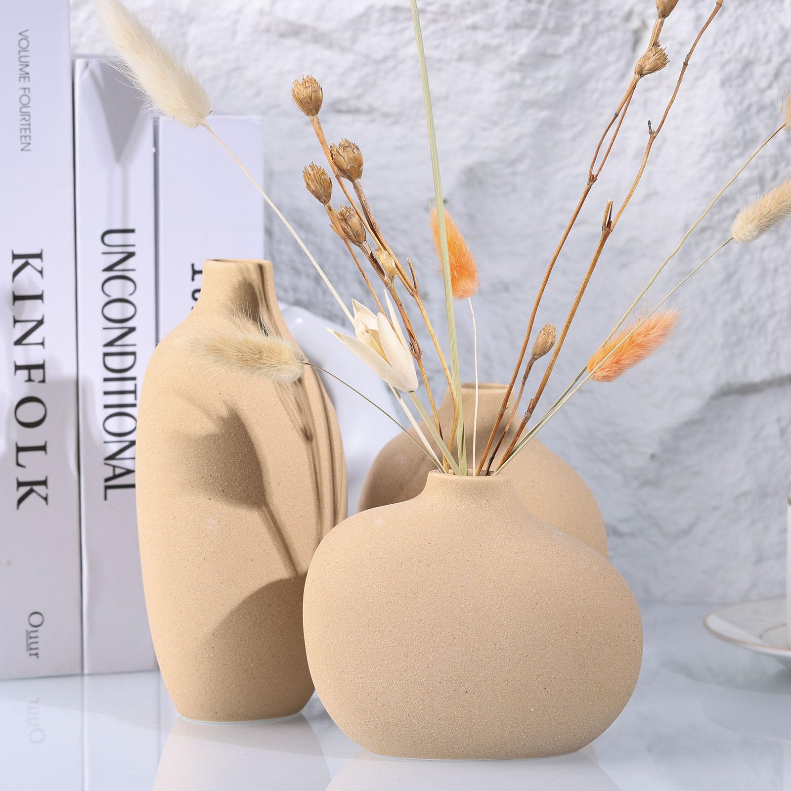 Small Ceramic Vase Set of 3,Bulk Mini Bud Vases for Flowers and Pampas Grass,Cute Boho Ellipse Home Decor for Coffee Table Centerpieces,Living Room,Office,Bookshelf,Entryway Decor (Tan) - Image 3