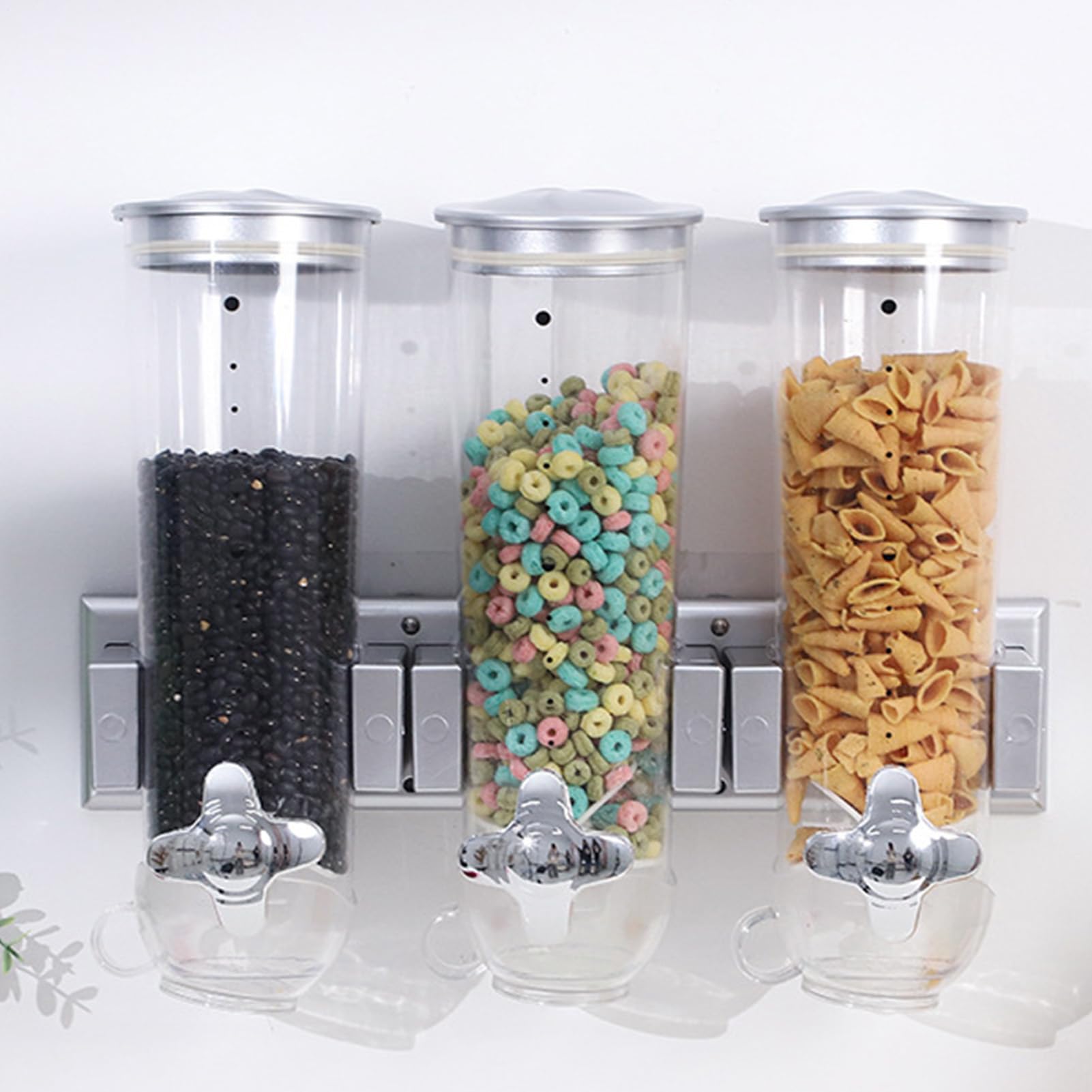Dispenser per alimenti da parete – Simpatico dispenser per cereali 3 tazze | compatto, contenitore ermetico trasparente, serbatoio da cucina a tre scomparti | Conserva cereali farina d'avena chicchi di
