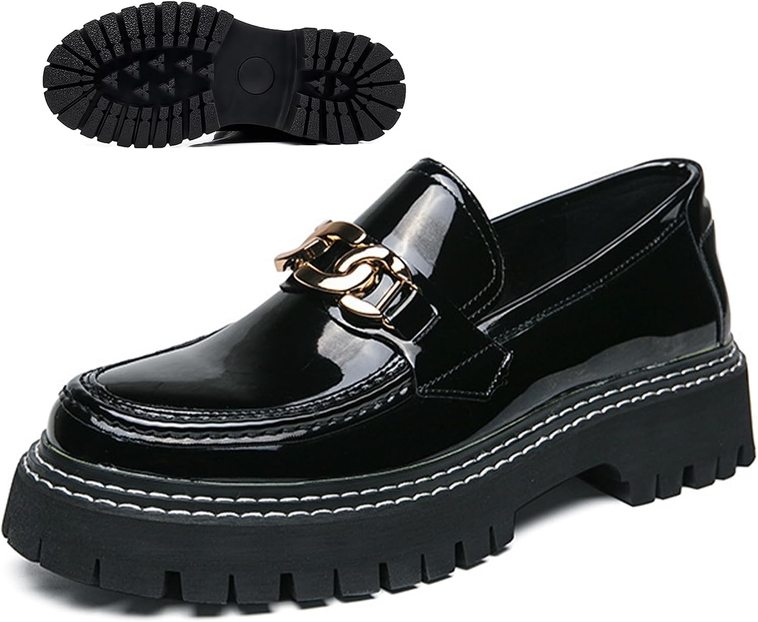 Men's Patent Leather Platform Penny Loafers Classic Round Toe Lug Sole Business Dress Shoes Daily Non-Slip Shock Absorbing Casual Shoes