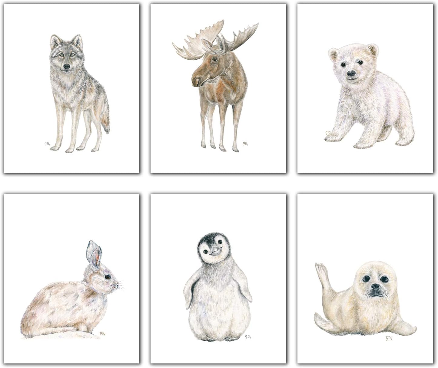 Arctic Nursery Art Prints Set of 6 Unframed, Pick Your Baby Animals, Size and Orientation, Original Watercolor Art Signed By Artist
