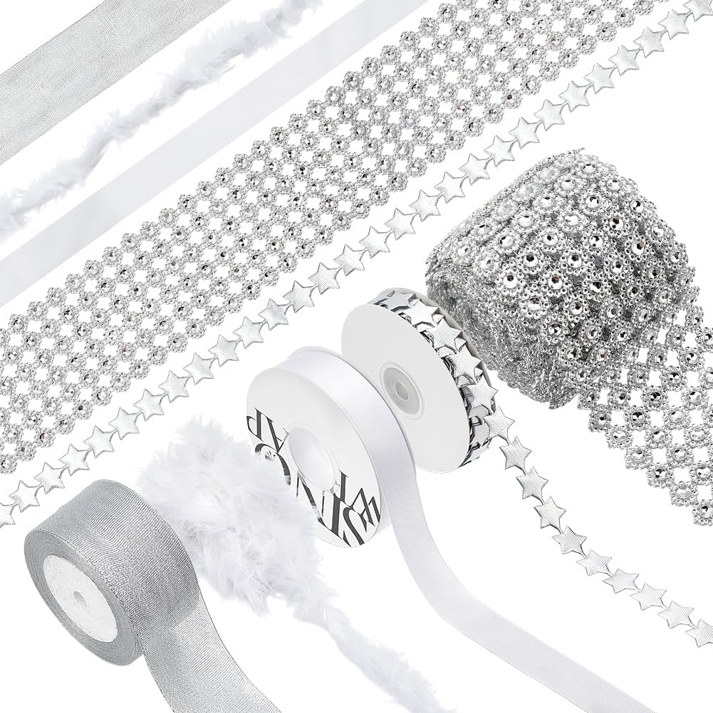 ORIGACH 5 Rolls 87 Yard Homecoming Mum Supplies Kit, Craft Trim Set with Rhinestone Ribbon Star Trim Marabou Feather Boa White Satin Silver Glitter Ribbon for Gift Wrapping, Homecoming, Decorations