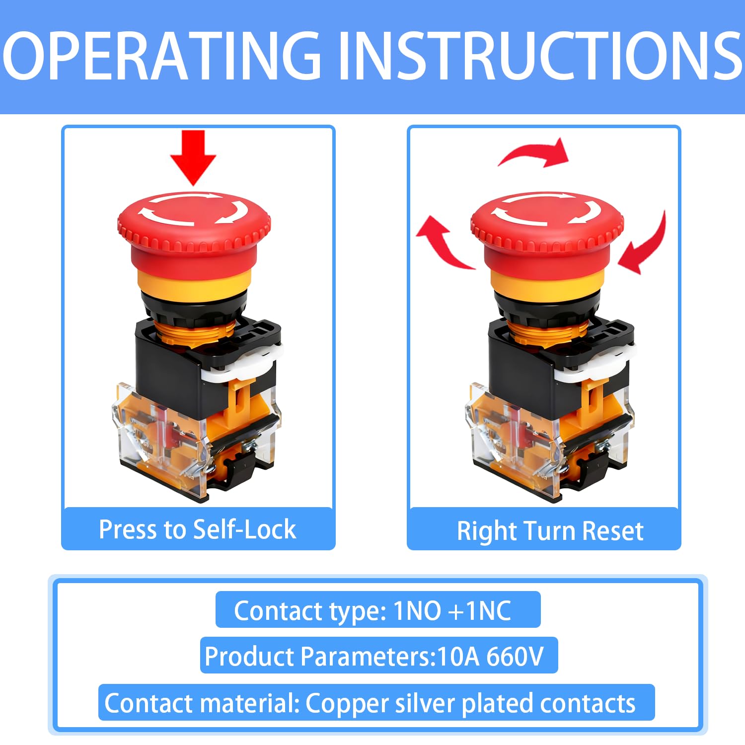 Emergency Stop Button 10A 660V Momentary Push Button Switch Stop Box 1NO 1NC E Stop Button IP67 Waterproof