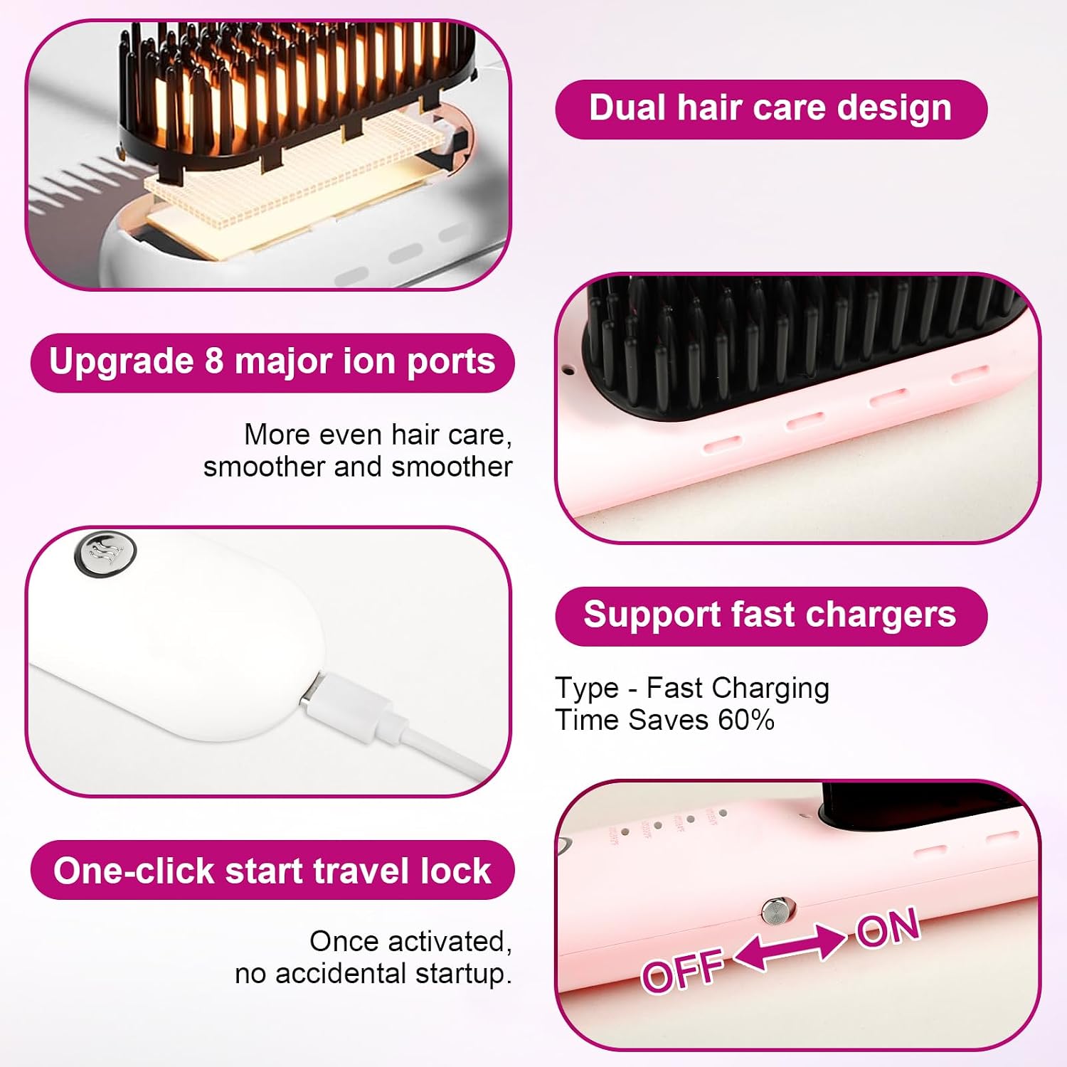 Cordless Hair Straightener Brush – Portable Travel Straightening Comb, 30s Fast Heating, LCD Screen, On-the-Go Styling Tool