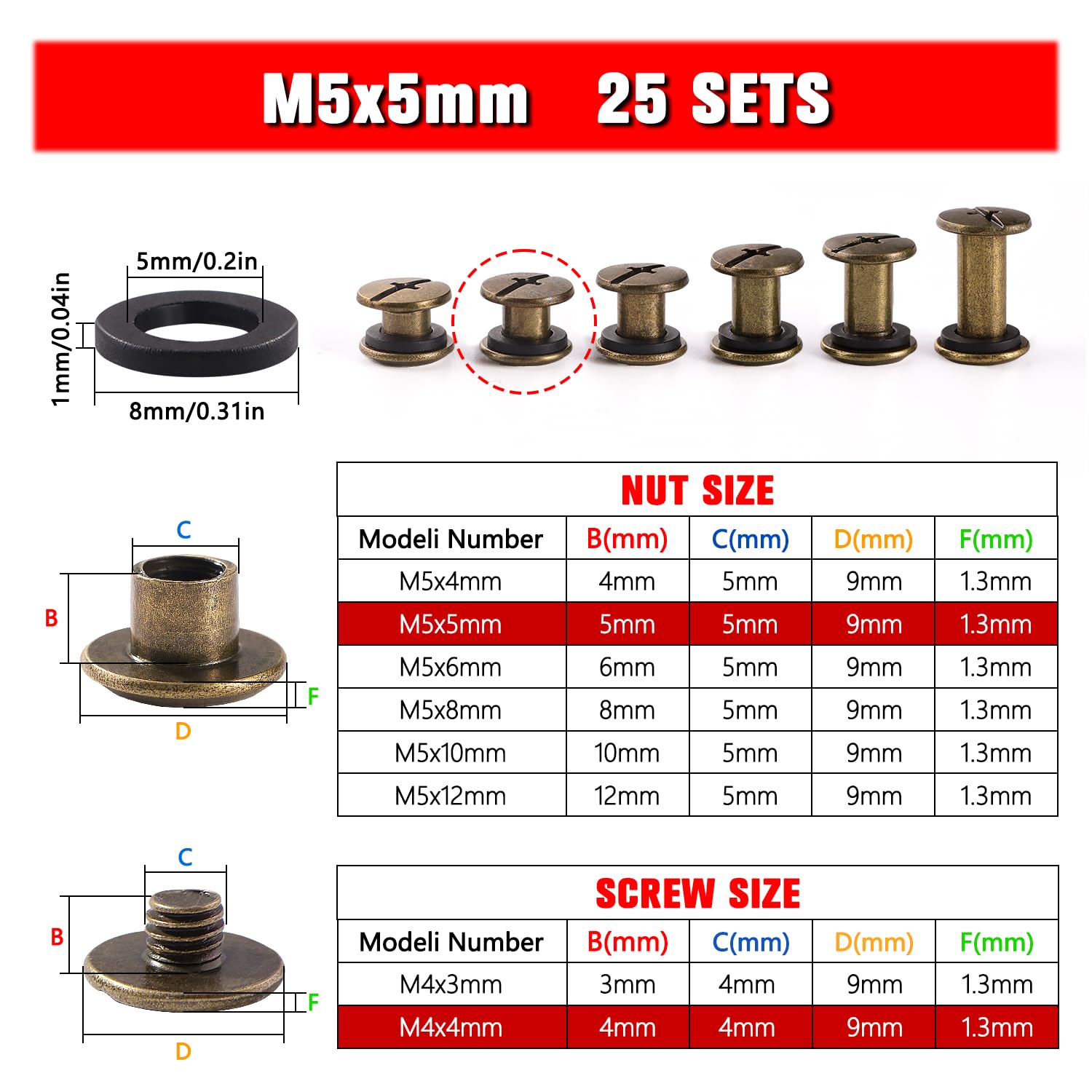 YIXISI 25 Set M5x5mm Chicago Binding Screws Kit, Book Binding Rivets, Leather Rivets, Binding Screws Posts - Image 2