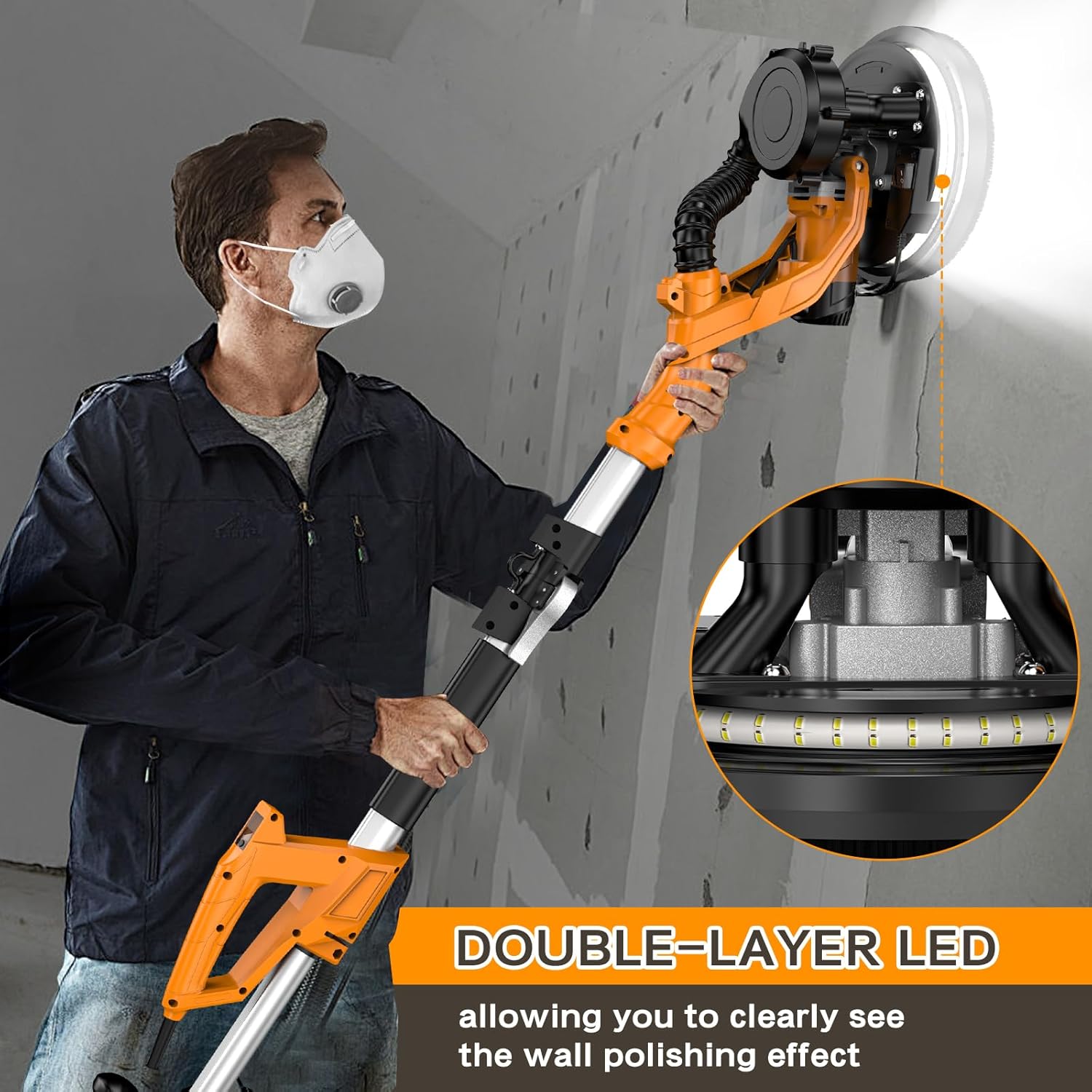 Drywall Sander with Vacuum Dust Collector, LED Light, 9 Variable Speed, Collapsible & Extendable Handle, Popcorn Ceiling Removal Tool, Drywall Sander with Vacuum for Wall Texture Elimination