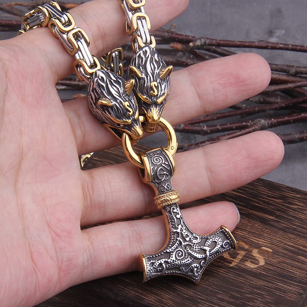 YABEME Thors Hammer Mjölnir Halskette, Nordic Viking Celtic Pagan Amulett Anhänger Schmuck, Herren Edelstahl King Chain Fenrir Wolf Head Link