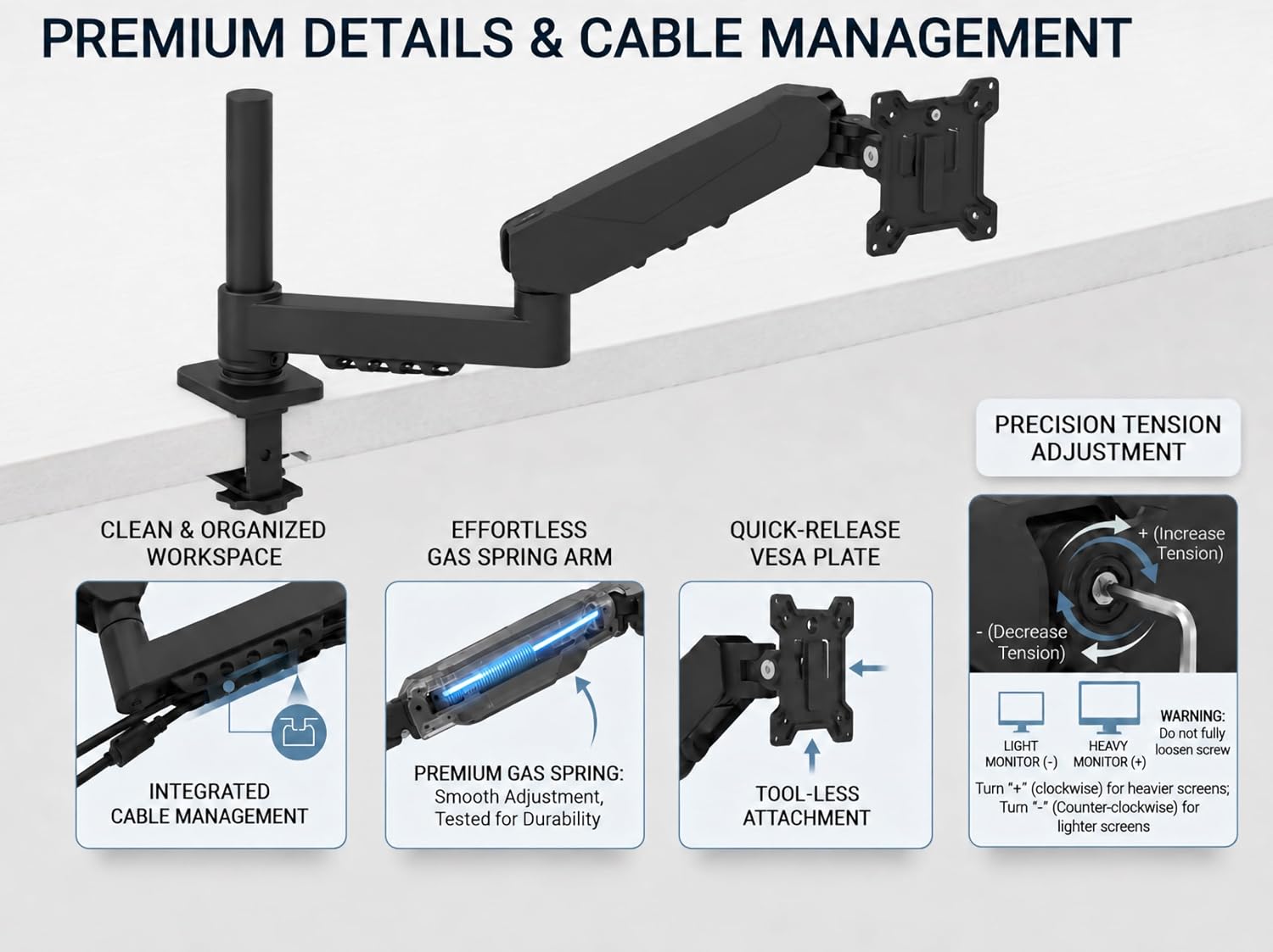 Single Monitor Mount Spring Arm for 17-32 inch Screen Tilt Swivel Rotate C-Clamp Supports 19.8lbs VESA 75/100 Black