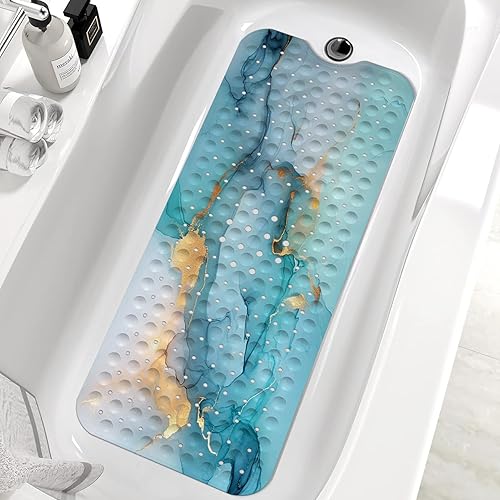 Miniatura 8 de Tapete de baño antideslizante con diseño de mármol geométrico azul para ducha, tapete de ducha grande lavable para duchas con agujeros de drenaje y