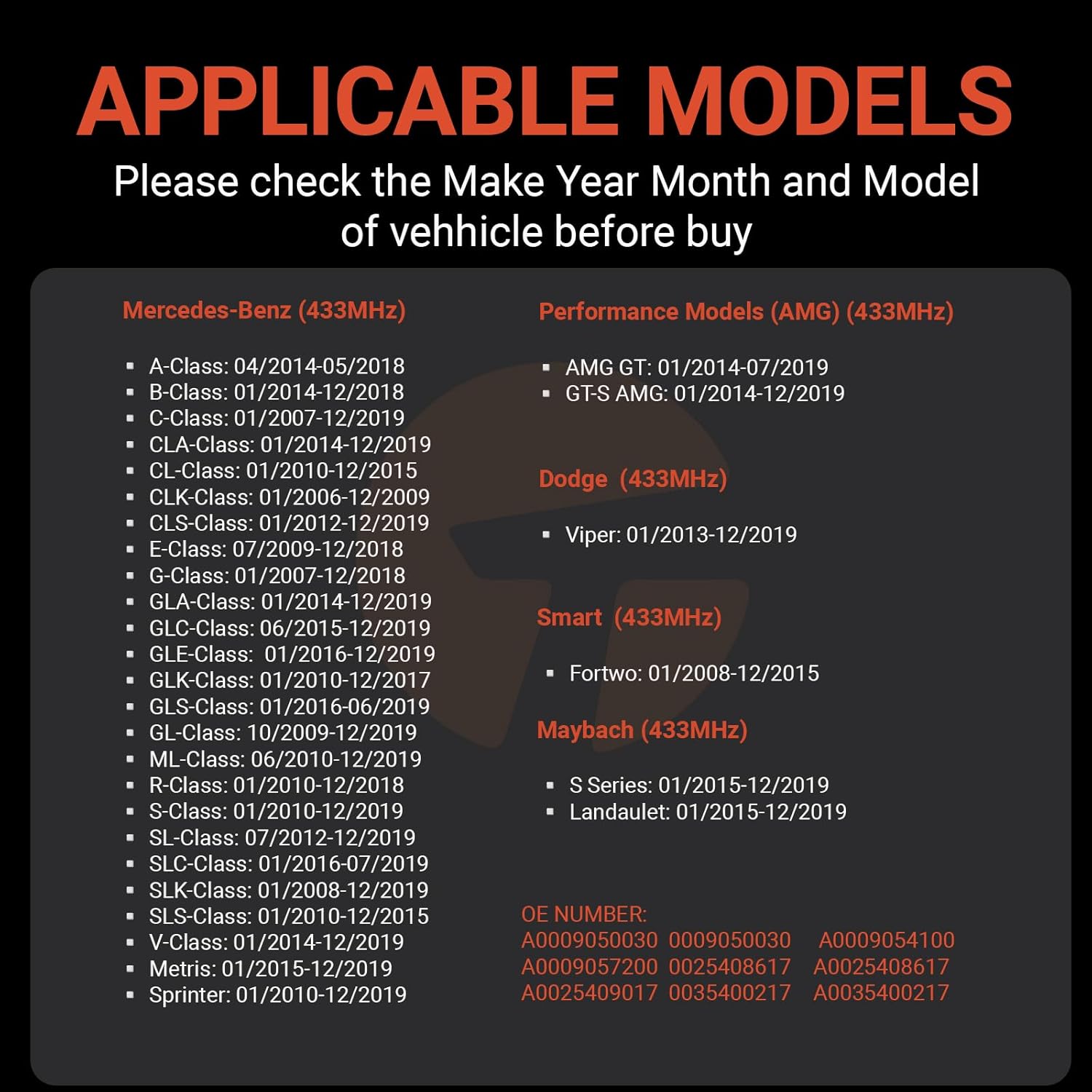 TPMS Sensor Compatible with Mercedes-Benz, AMG, Smart, and Freightliner Sprinter – 433MHz Tire Pressure Monitoring System – Replaces #A0009050030, A0009057200, A0009053907, A0009054204 (4 Packs)