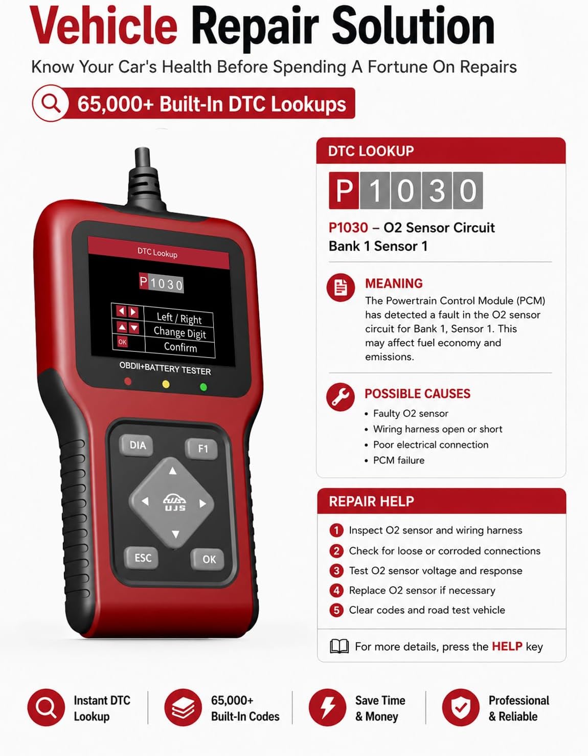 TesGo 2 in 1 OBD2 Scanner and 12V Battery Tester, Car Diagnostic Tool