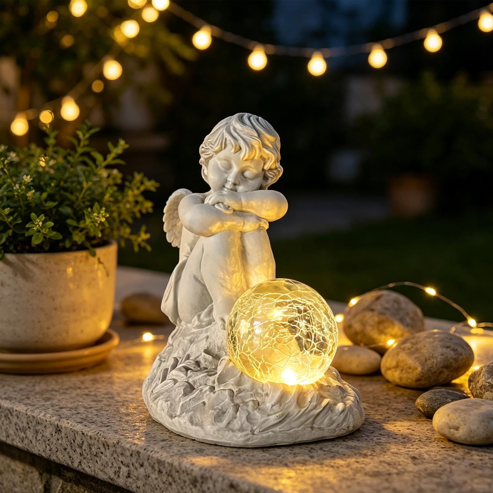 Statue da Giardino a Forma di Angelo Custode con Sfera in Vetro Crepato