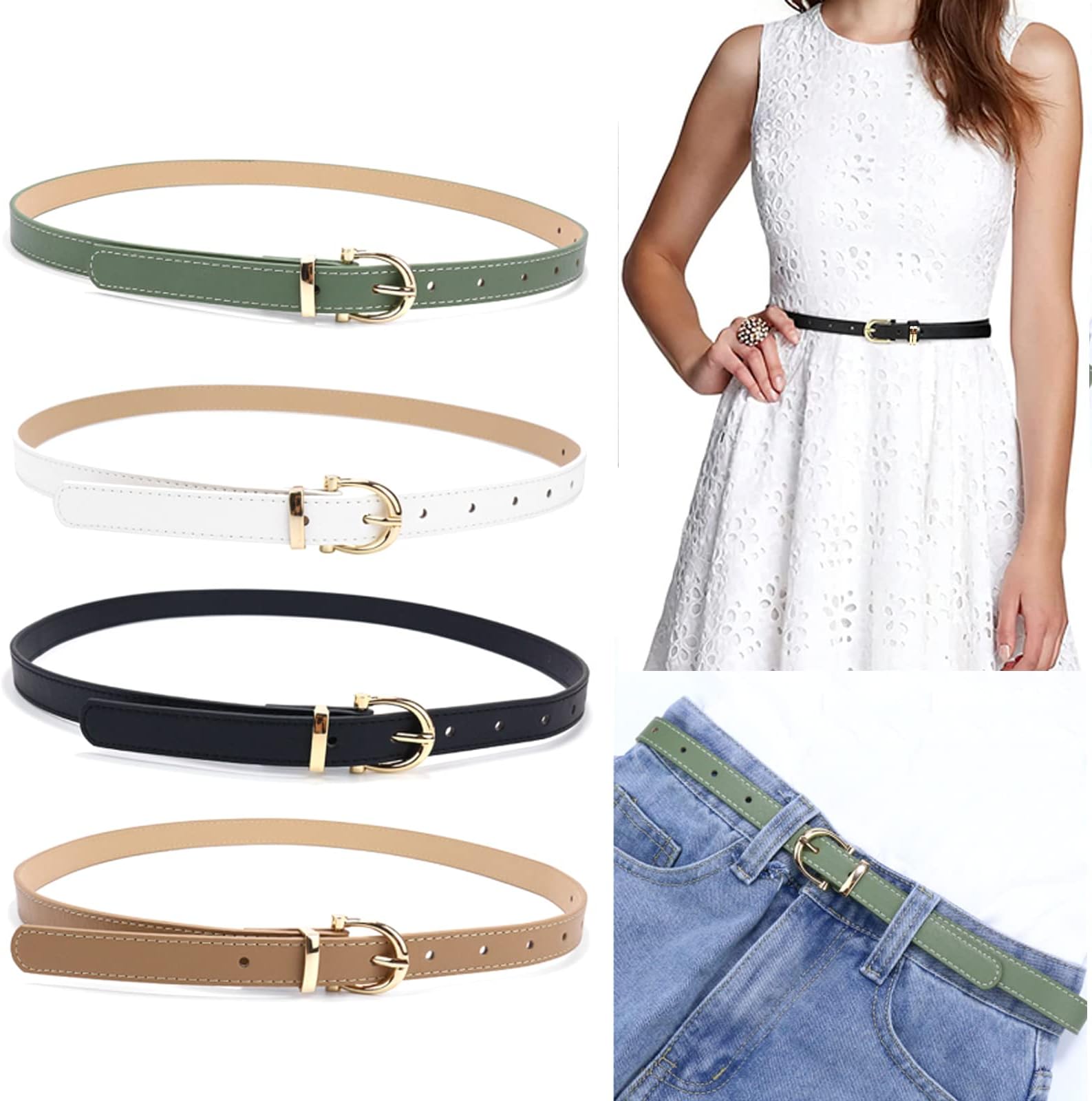 AsggBahAsggBah 2 Pieces Women Belts with Metal Buckle Skinny Leather Belt Thin Waist Belt for for Jeans & Pans & Dress