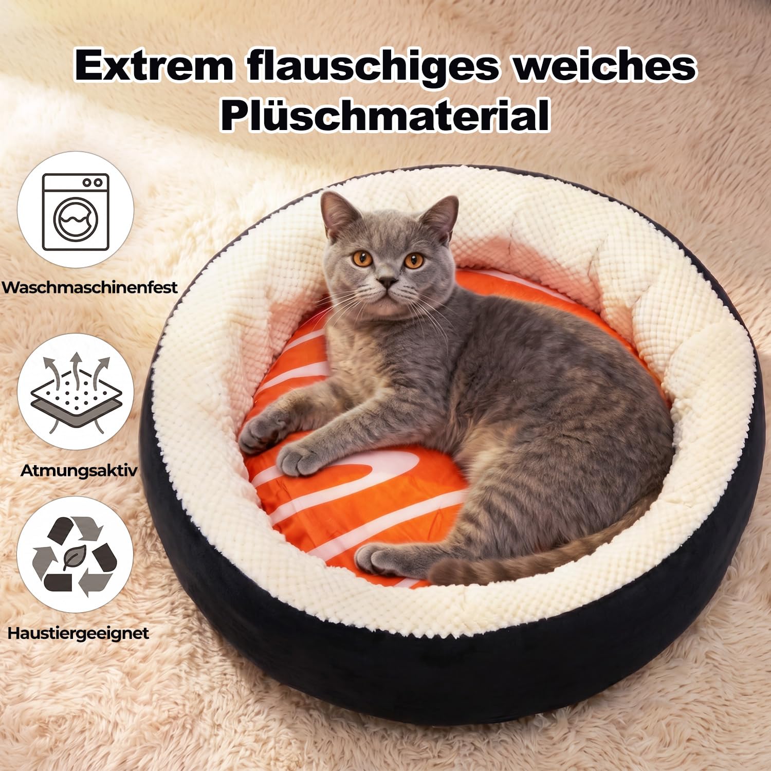 Katzenbett, Hundebett Kleine Hunde, Katzenkissen, 53x53x15cm | Waschbar & Pflegeleicht, Sushi-Korb mit Hohem Rand, Super Flauschig & Weich, Passend für Große Katzen + Kleine Hunde
