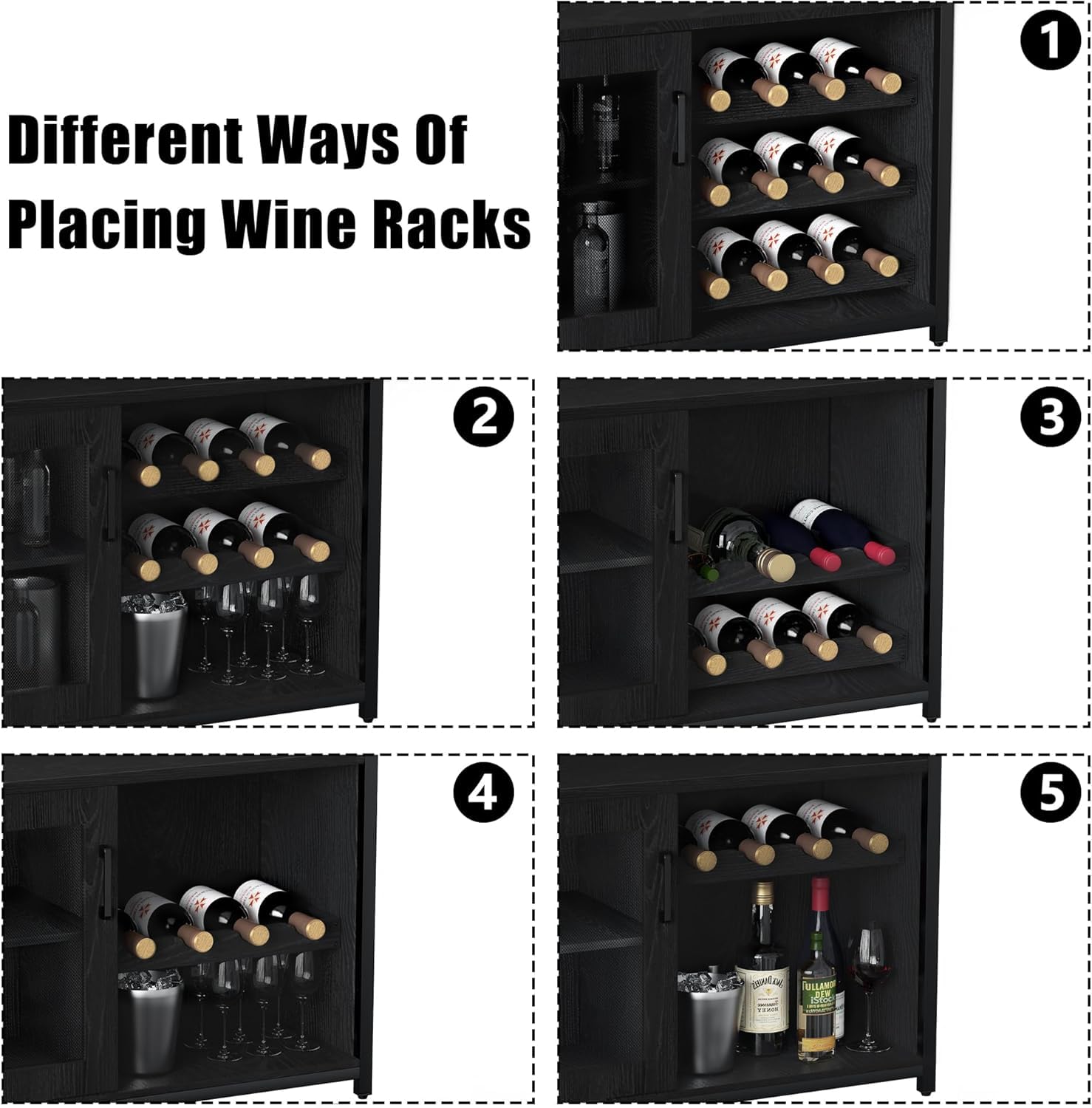 Garvee Botellero Industrial con Estante Ajustable para Vino y Soporte para Copas, Armario para Bebidas para Cocina, Comedor, Salón, 70x35x92 cm, Negro