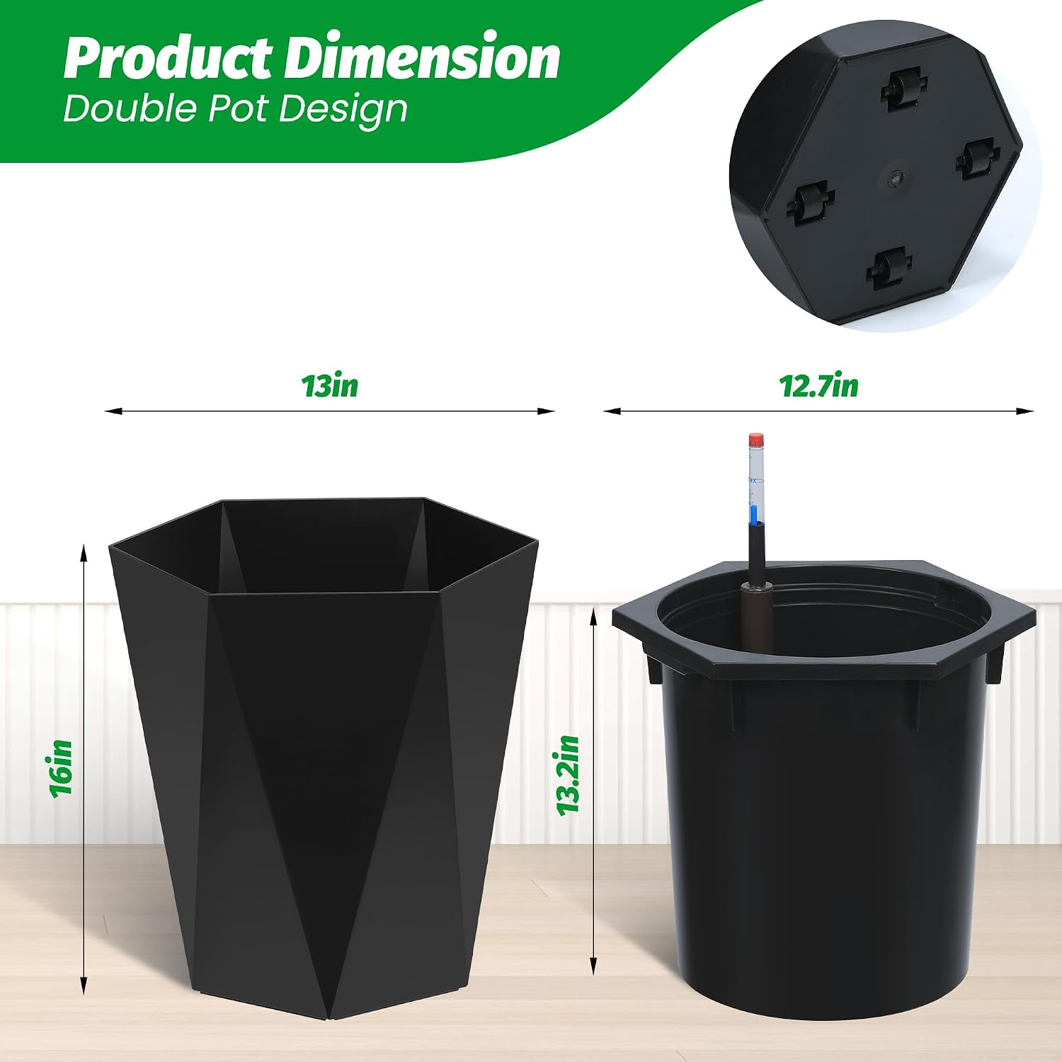TROPOW 16 Inch Tall Outdoor Planters Set of 2, Self Watering Pots for Indoor Plants with Water Level Monitor & Drainage Hole & Wheels, Large Planter Pots for Garden, Patio, Balcony, Black