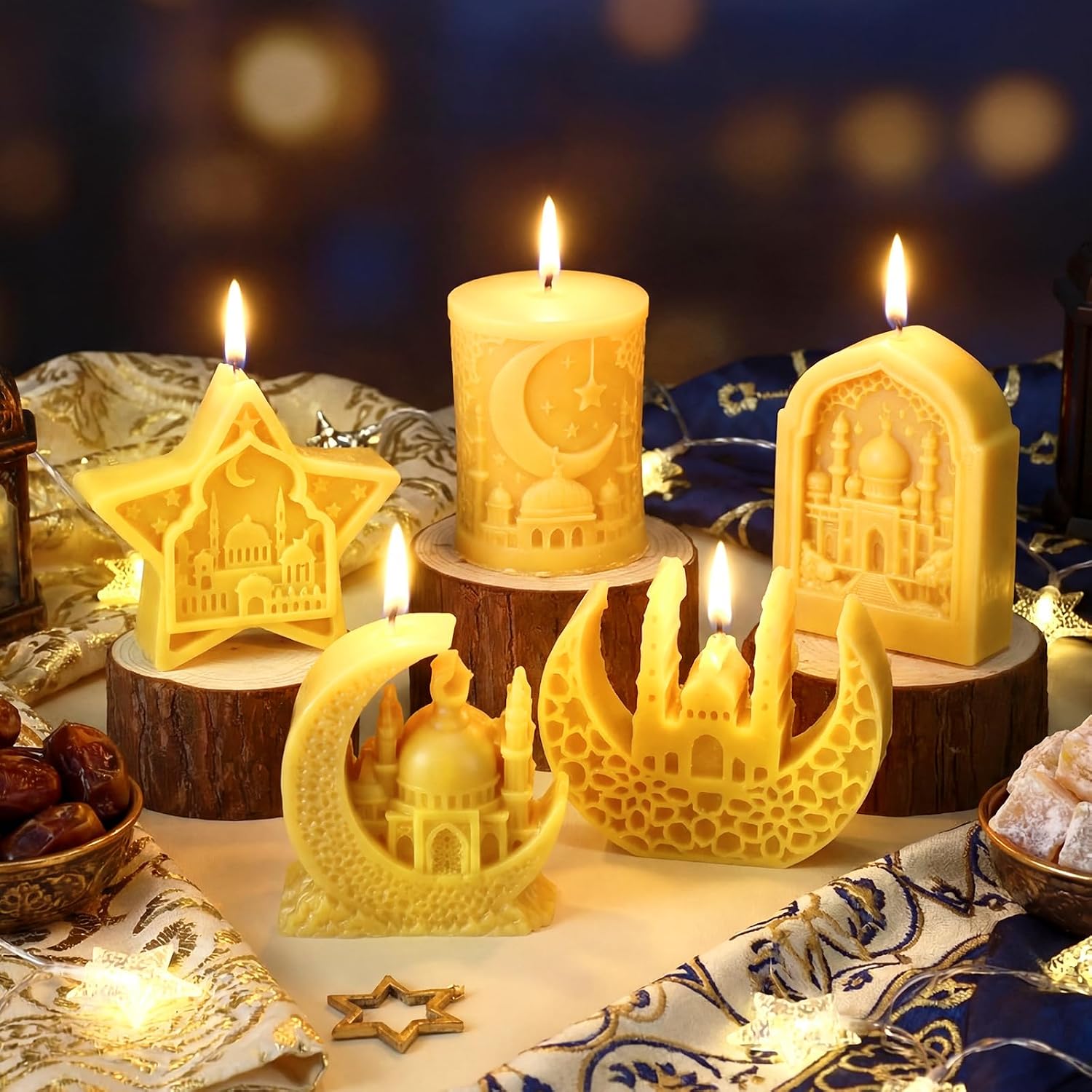 Conelist 5 Pcs Eid Mubarak Scented Soy Candle Golden Ramadan Islamic Muslim Home Decor Eid Church-Shaped Candles Gift for Islamic Festival Wedding Party Favor Home Decor