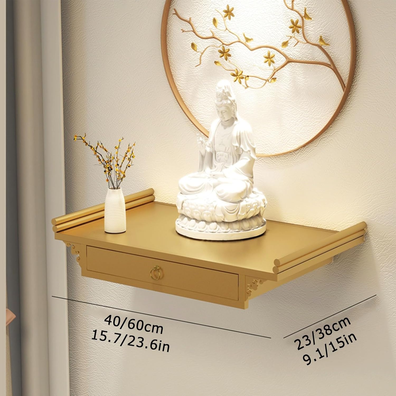 Wall-Mounted Buddha Statue Stand Offering Table Metal Personal Shrine Altar Table Buddhist Statue Sculpture Display Stand Prayer Table with Retractable Shelf.(Bronze,60X38CM/23.6X15IN)