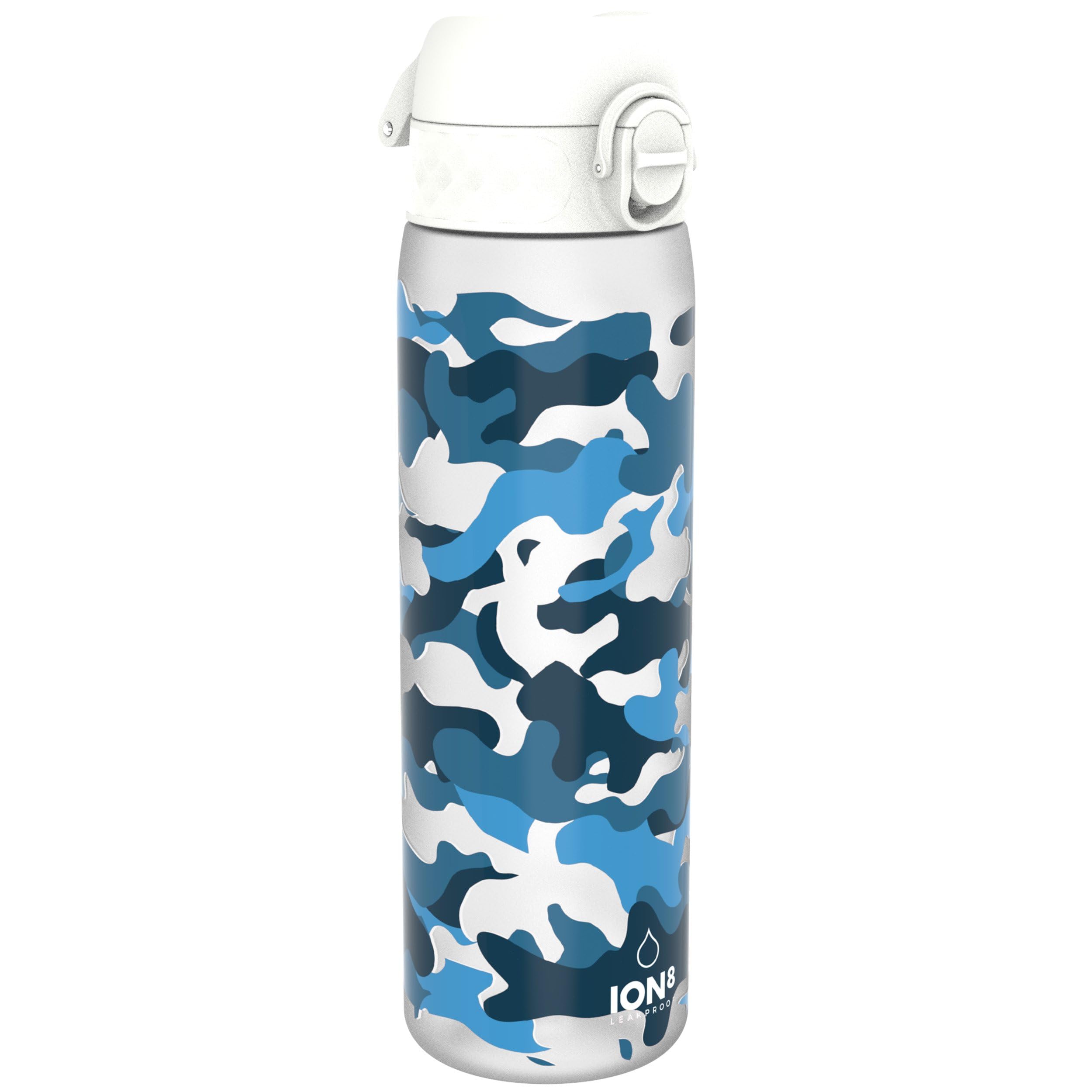 ion8 Trinkflasche, 500 ml, Auslaufsicher, Einhandöffnung, Sichere Verriegelung, Spülmaschinenfest, BPA-frei, Tragegriff, Klappdeckel, Leicht zu Reinigen, Klimaneutral, Tarnung