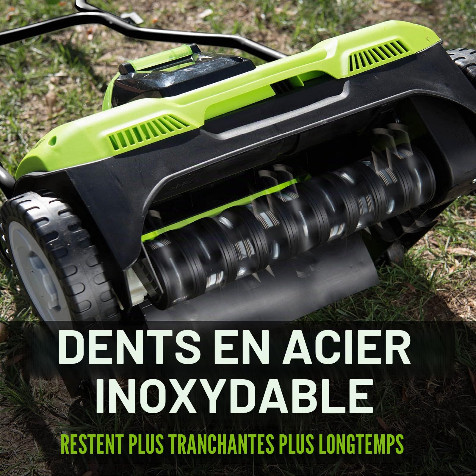 Greenworks 40V Scarificateur électriques Aérateur à Gazon Sans Fil, Émousseur, 3600 tr/min, Largeur de Travail 36 cm, Bac de Ramassage 30 L avec Batterie 2,5 ah et un Chargeur G40DT35K25