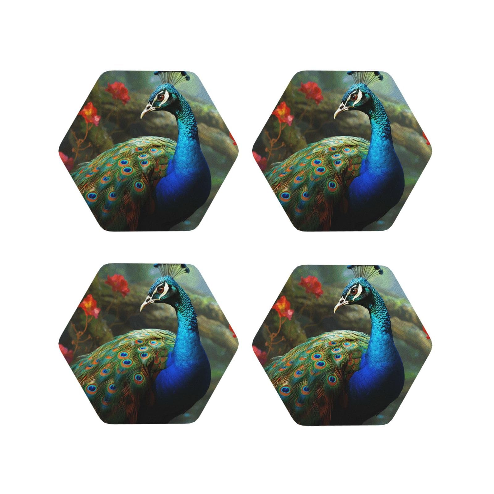 4pcs Drink Coasters for Tabletop Protection, 4" Leather Coasters for Drinks, Colorful Peacock Cup Coasters for Coffee Table Decor, Non-Slip Drinking Cup Mat for Hot Or Cold Drink
