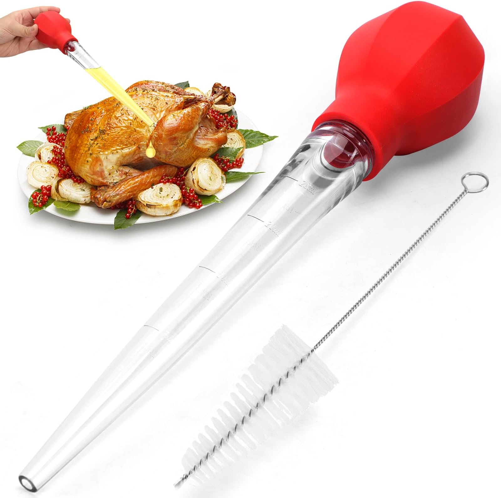 SCHVUBENR Large Turkey Baster with Cleaning Brush - Premium Baster Tool for Cooking - Easy to Use and Clean - Powerful Bulb Baster Syringe - Dishwasher Safe - Flavor Meat Poultry, Beef, Chicken(Red)