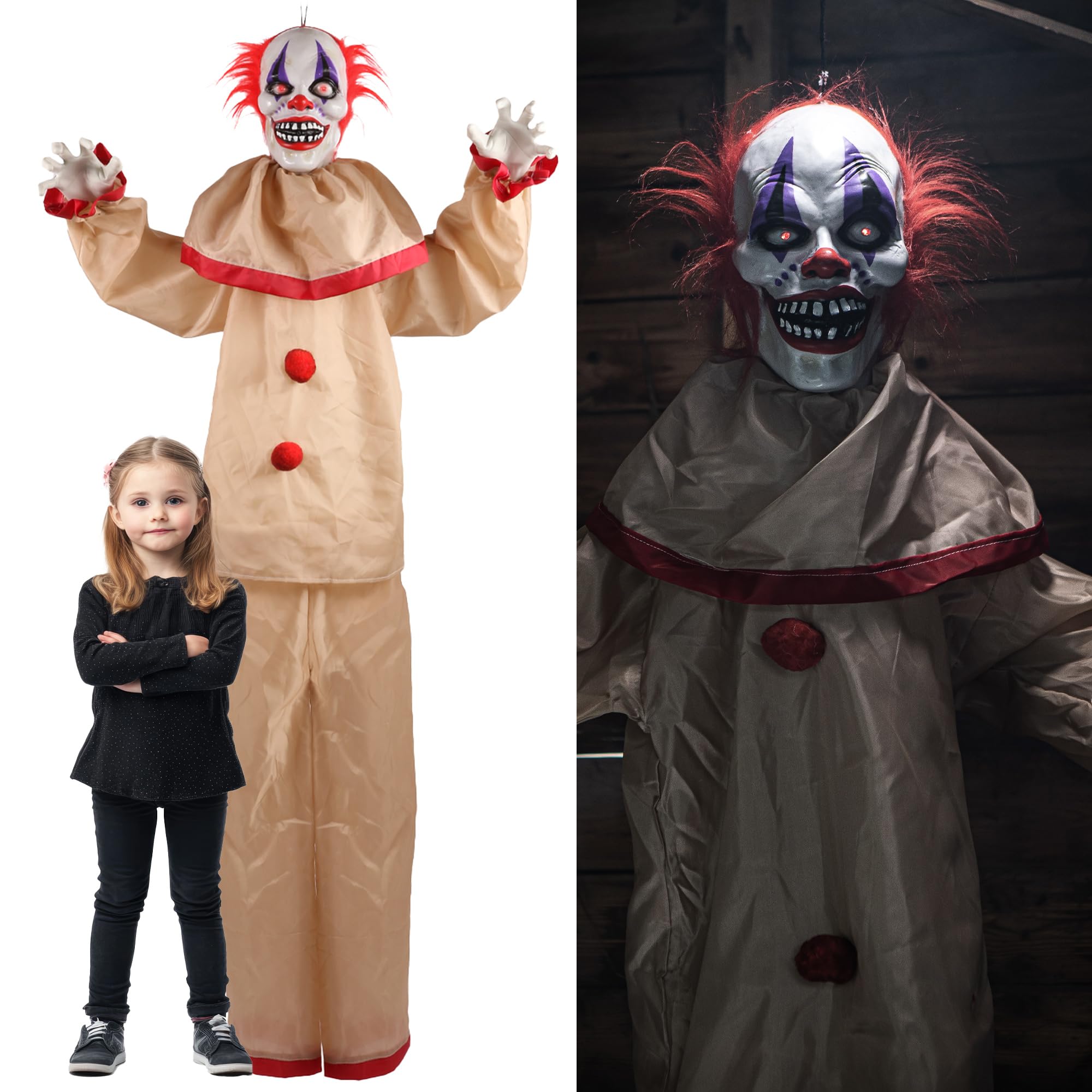 I LOVE FANCY DRESS LTD Animatronic duży przerażający klaun 160 cm dekoracja na Halloween - czerwone świecące oczy i efekty dźwiękowe, ruchome ramiona - rekwizyty na Halloween - 2 sztuki