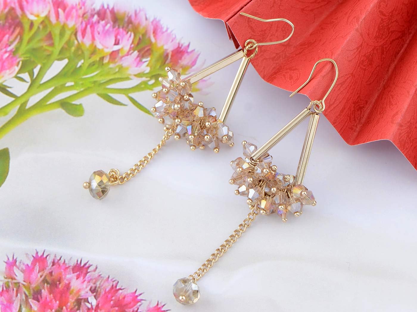 Alilang Cluster Flower Drop Dangle Crystal Rhinestone Pendant Earrings Golden Tone Pillar Connected