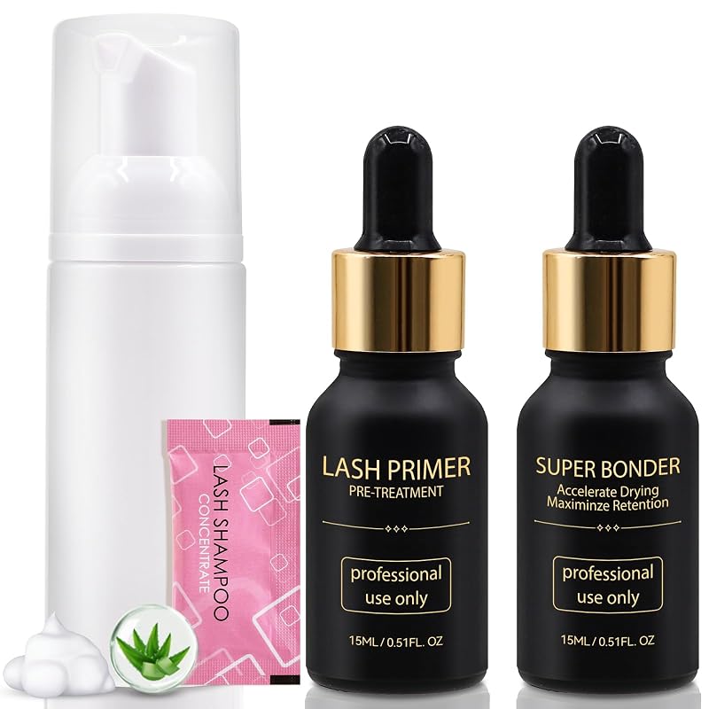 Kit Miuffue com shampoo para cílios, primer e bonder para extensões, 15 mL + 15 mL + 2,5 mL