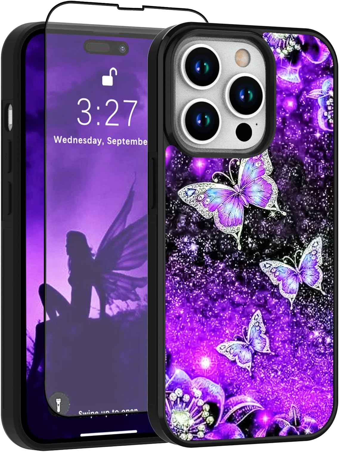 OOK Designs for iPhone 14 Pro Max Case Glitter Purple Butterfly Nebula Space Design