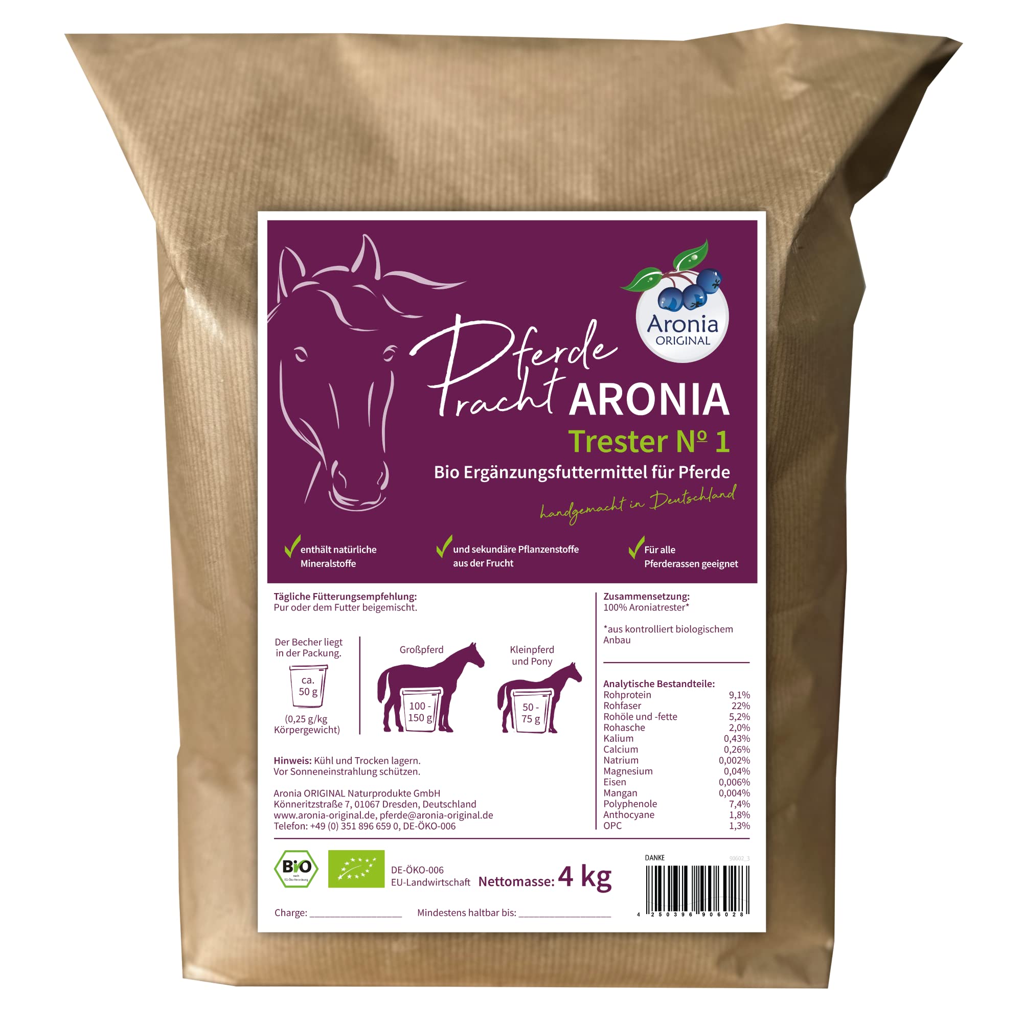 Aronia ORIGINAL Bio Aroniatrester Pur Nr. 1 für Pferde 4 kg - 100% Biologisch, Gesunde Haut & Vitalität, Ergänzungsfutter für alle Rassen, Handgemacht in Deutschland, Ohne Zusatzstoffe