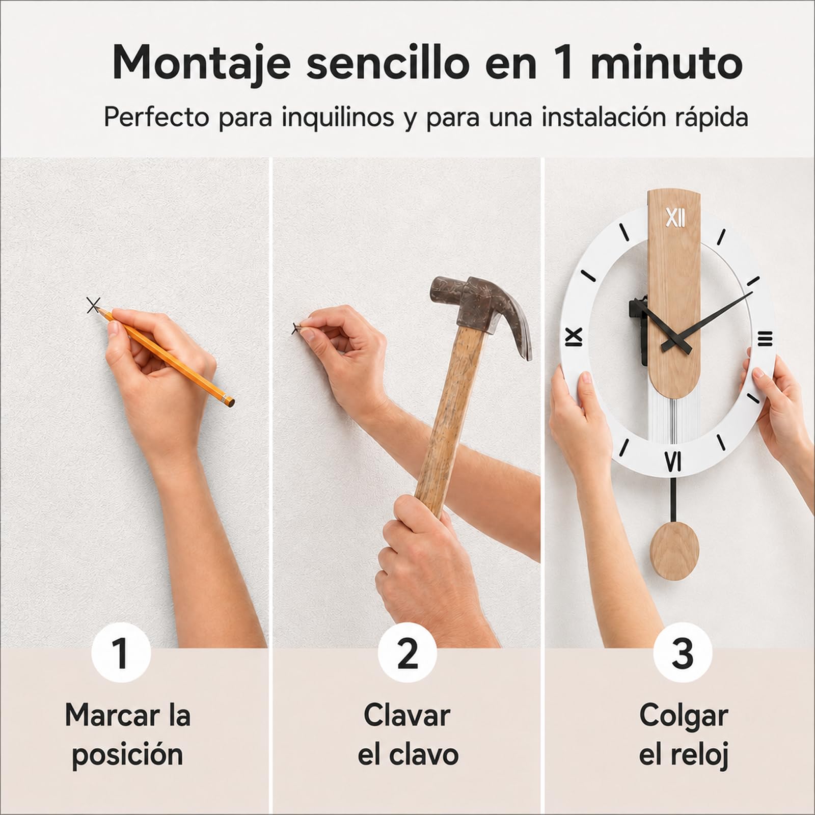 LANMOU Reloj de Pared Grande Salon con Pendulo, Marco Metalico Decorativo | Movimiento Quartz Silencioso para Estudio y Recibidor, Numeros Romanos Visibles, Moderno Blanco, 40 * 55cm