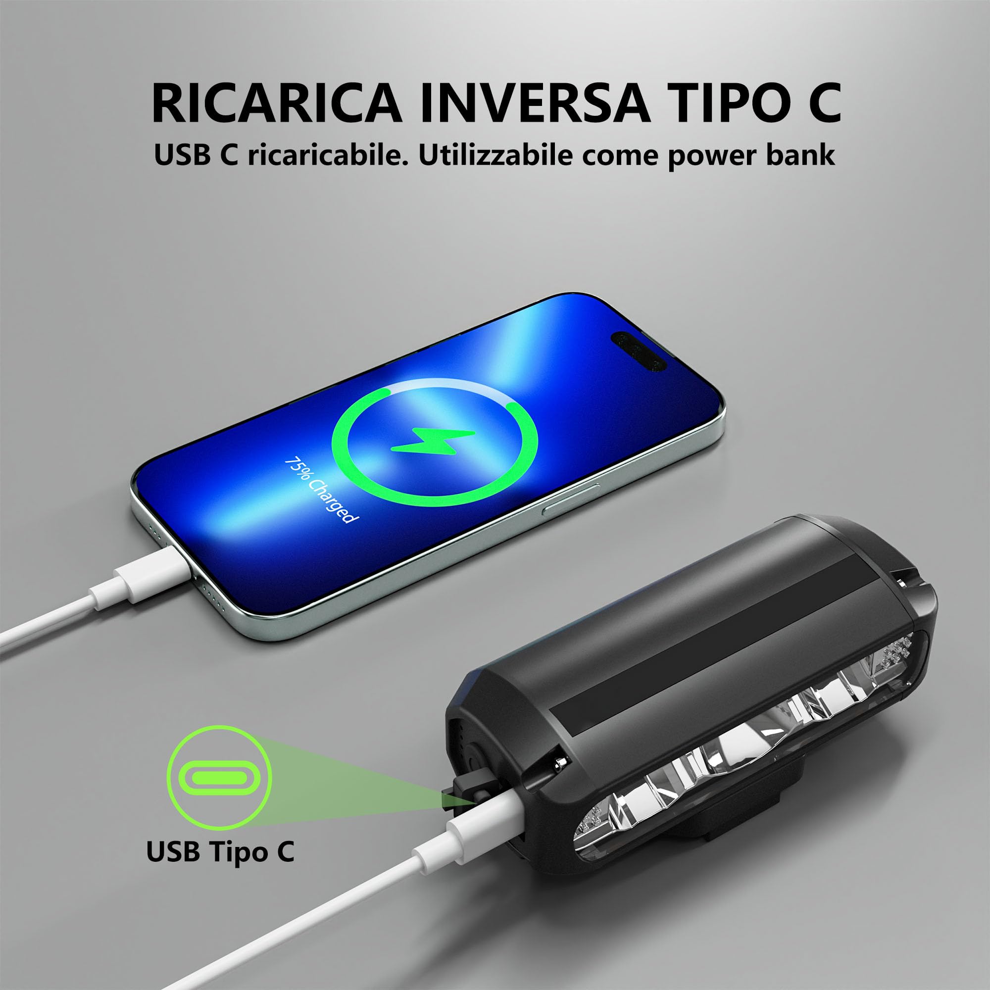 UPPEL Luci Bicicletta LED Lumens Forte USB C Carica Porta LEDs Multiple 4 Modalità Fulmine Luce Bicicletta Anteriore Migliori Luci di Alluminio Della Bici per La Guida Notturna-Nero
